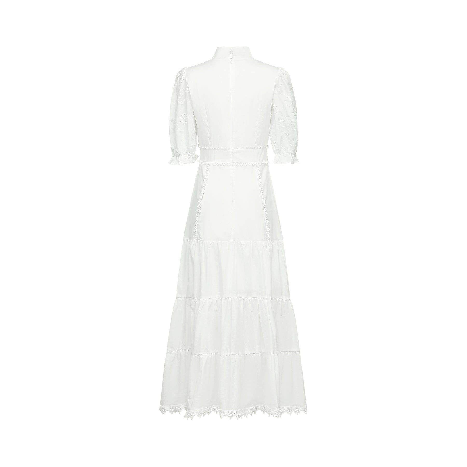 Coline Midi Dress - Soft Round Neckline - Short Puffed Sleeves - Floral Embroidery - Tiered Skirt - Semi - Sheer Style