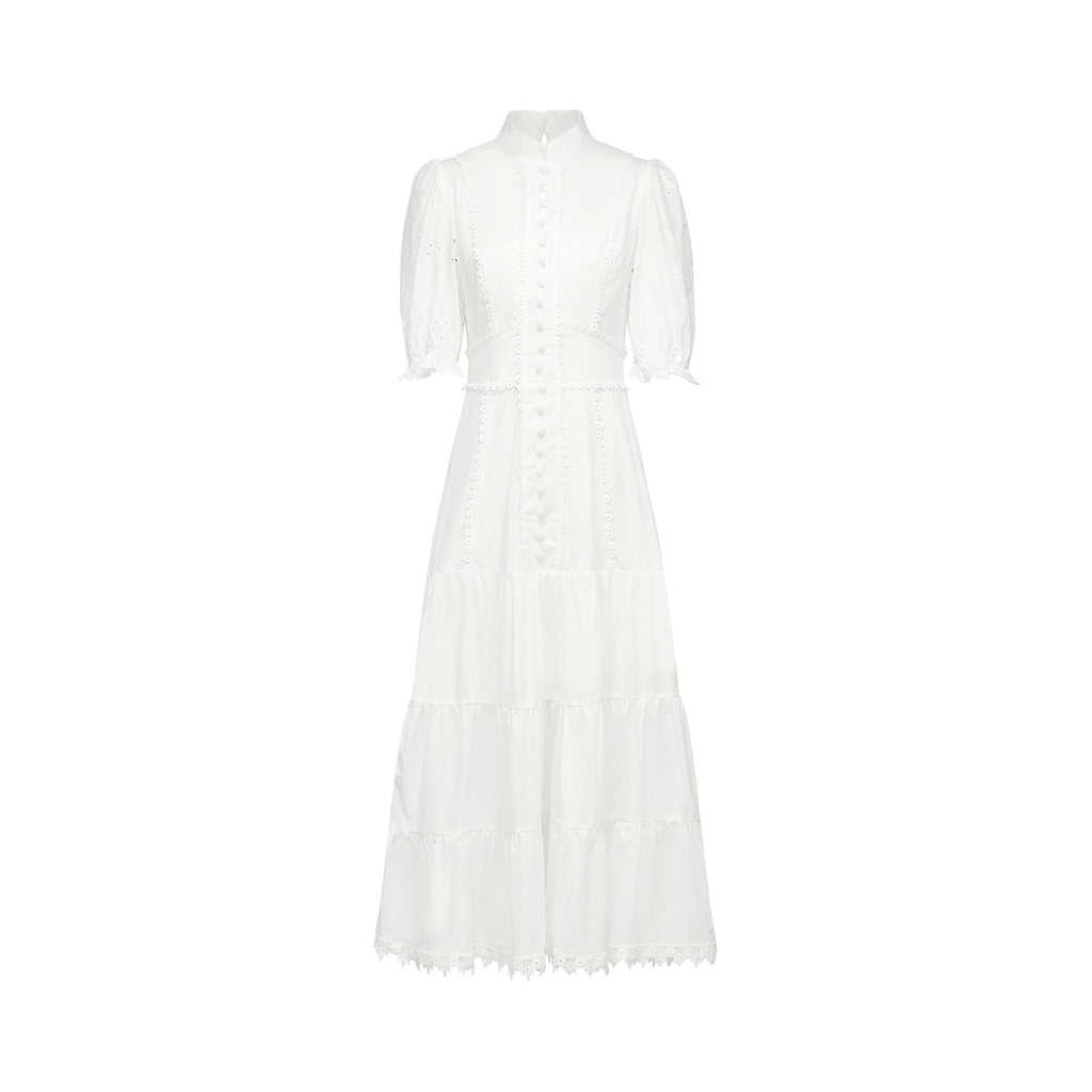 Coline Midi Dress - Soft Round Neckline - Short Puffed Sleeves - Floral Embroidery - Tiered Skirt - Semi - Sheer Style