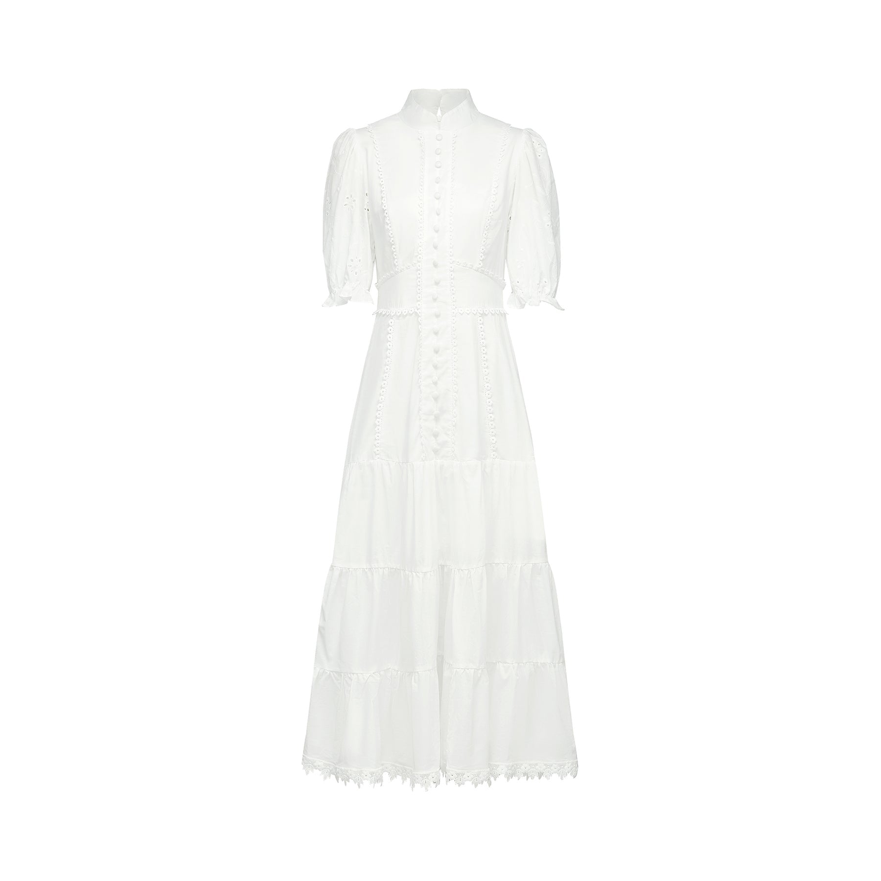 Coline Midi Dress - Soft Round Neckline - Short Puffed Sleeves - Floral Embroidery - Tiered Skirt - Semi - Sheer Style