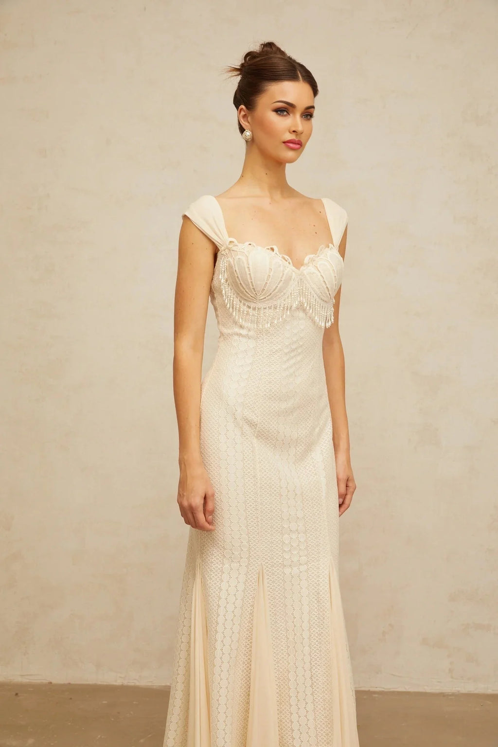 Colomba Maxi Dress Cream - White Faux - Pearl Embellished Feminine Flare