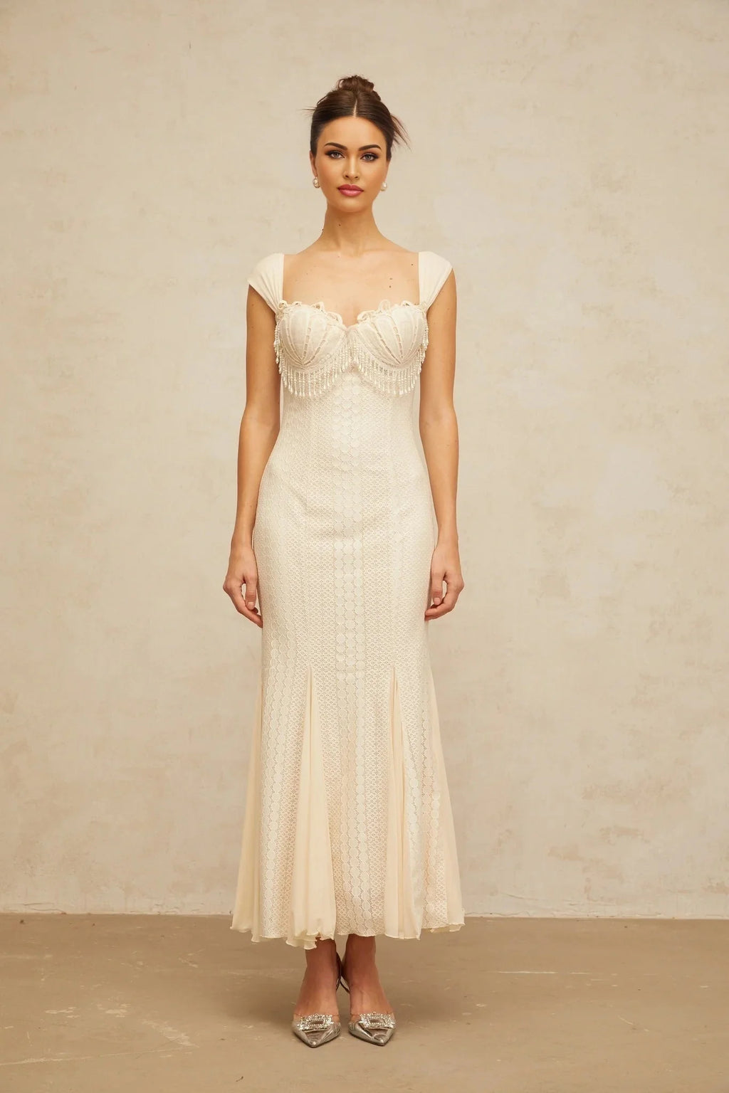 Colomba Maxi Dress Cream - White Faux - Pearl Embellished Feminine Flare