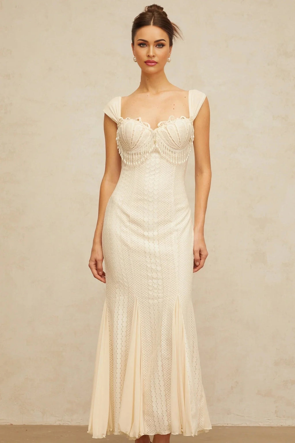 Colomba Maxi Dress Cream - White Faux - Pearl Embellished Feminine Flare
