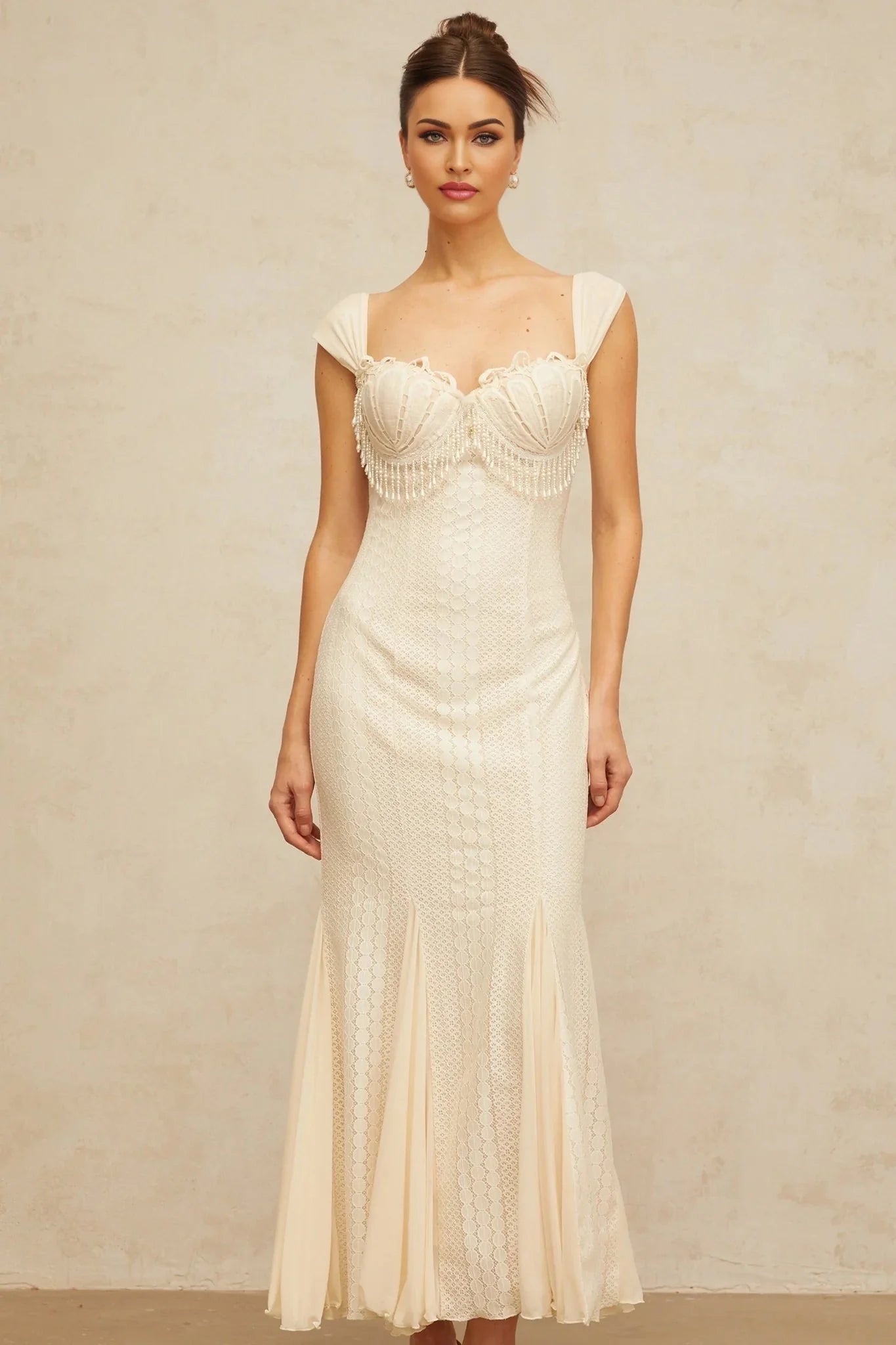 Colomba Maxi Dress Cream - White Faux - Pearl Embellished Feminine Flare