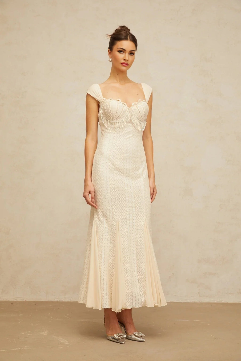 Colomba Maxi Dress Cream - White Faux - Pearl Embellished Feminine Flare
