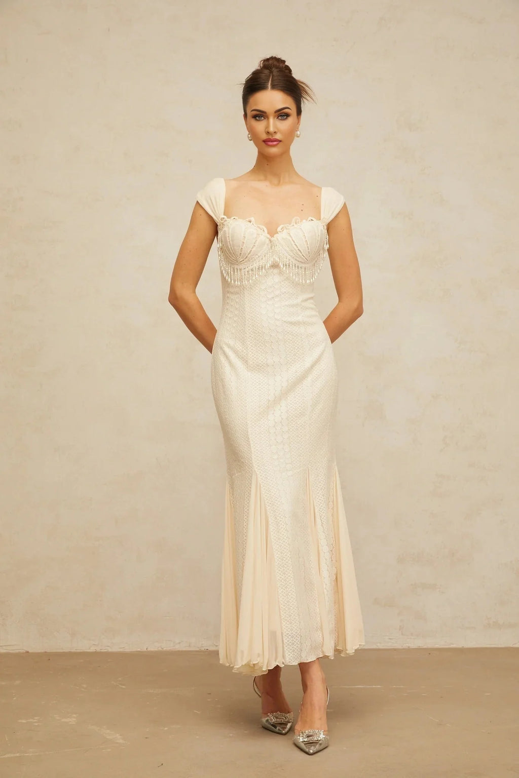 Colomba Maxi Dress Cream - White Faux - Pearl Embellished Feminine Flare