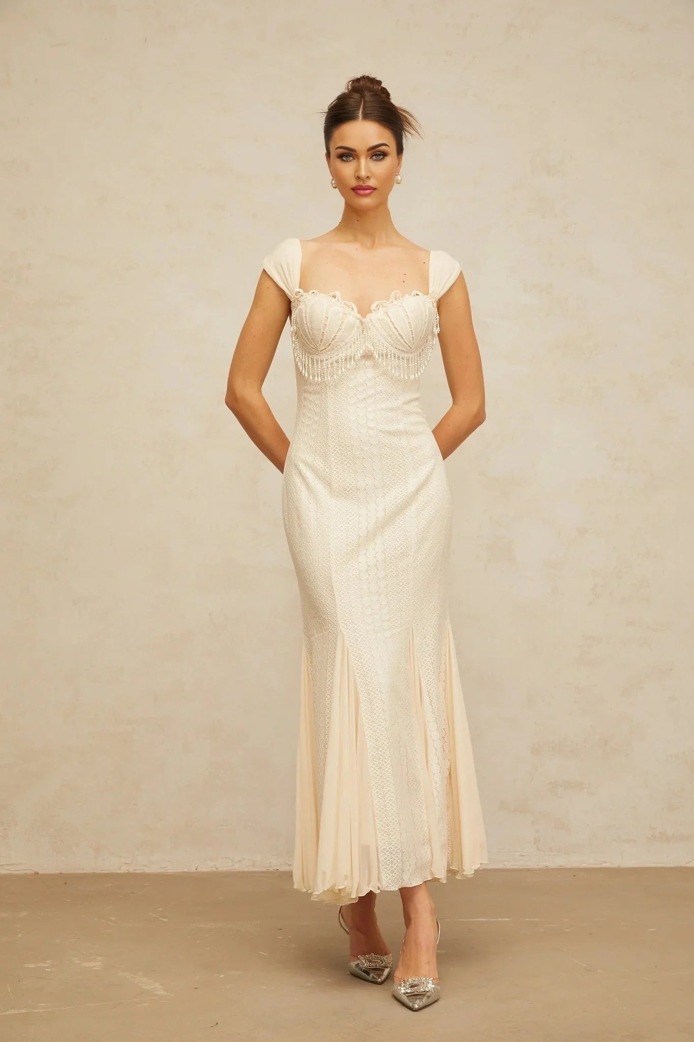 Colomba Maxi Dress Cream - White Faux - Pearl Embellished Feminine Flare