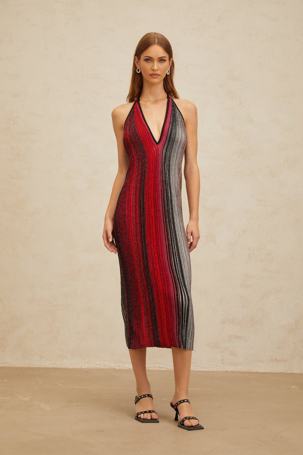Colomba Midi Dress - Sleeveless Halterneck - Pleated Stripe Pattern - Sequin Embellishment - Metallic Threading - Rear Tie Fastening
