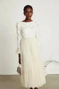 Colomba Midi Dress – Tulle Panels – Floral Appliqué – Fully Pleated