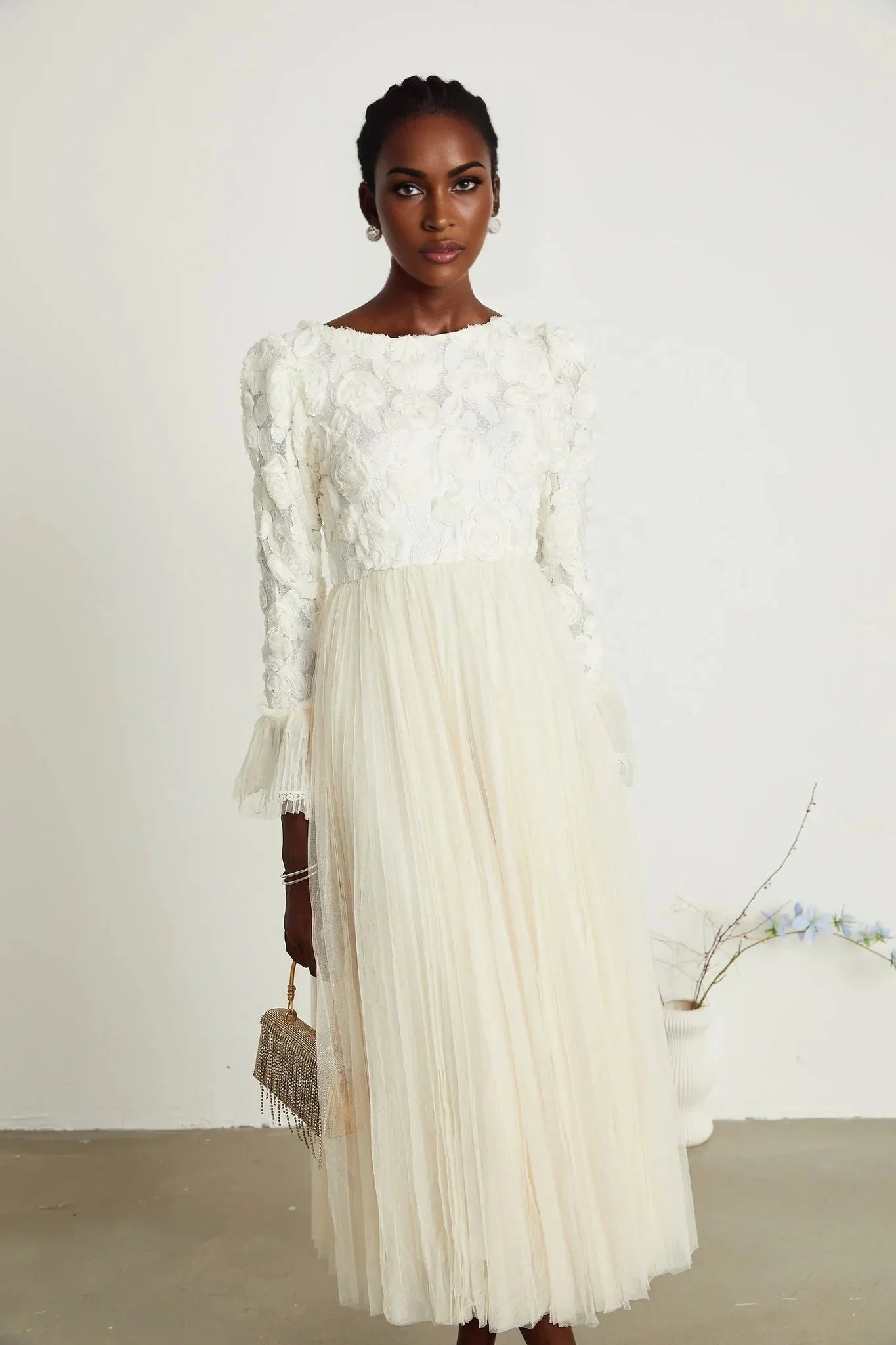 Colomba Midi Dress – Tulle Panels – Floral Appliqué – Fully Pleated