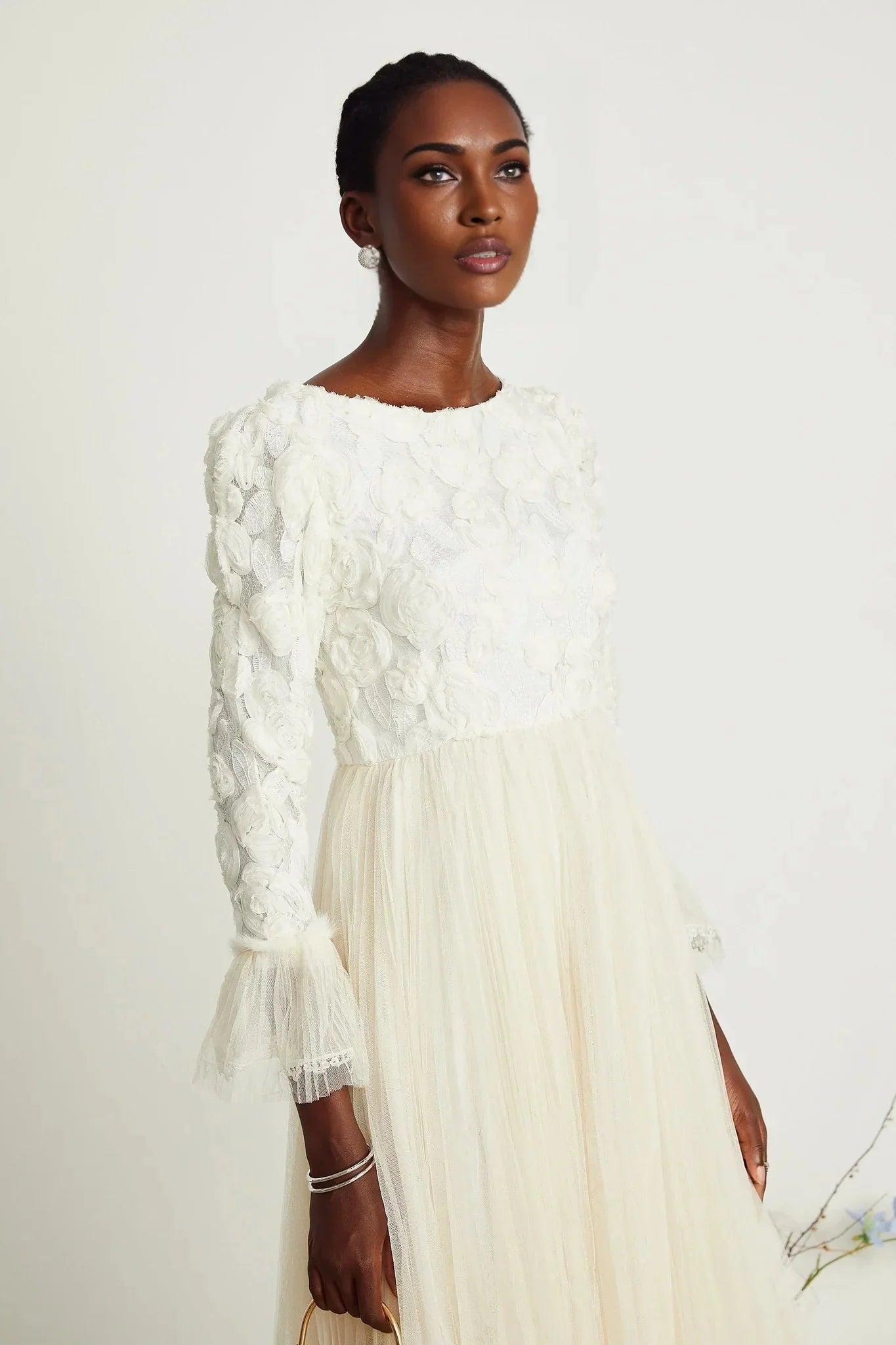 Colomba Midi Dress – Tulle Panels – Floral Appliqué – Fully Pleated