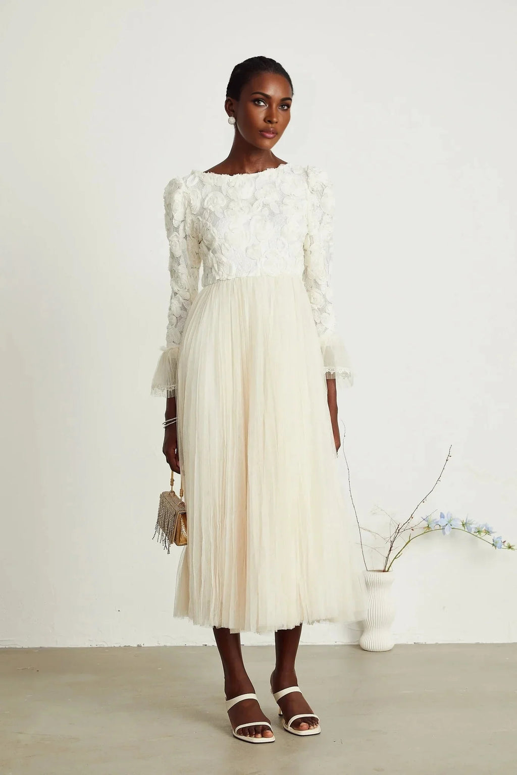Colomba Midi Dress – Tulle Panels – Floral Appliqué – Fully Pleated