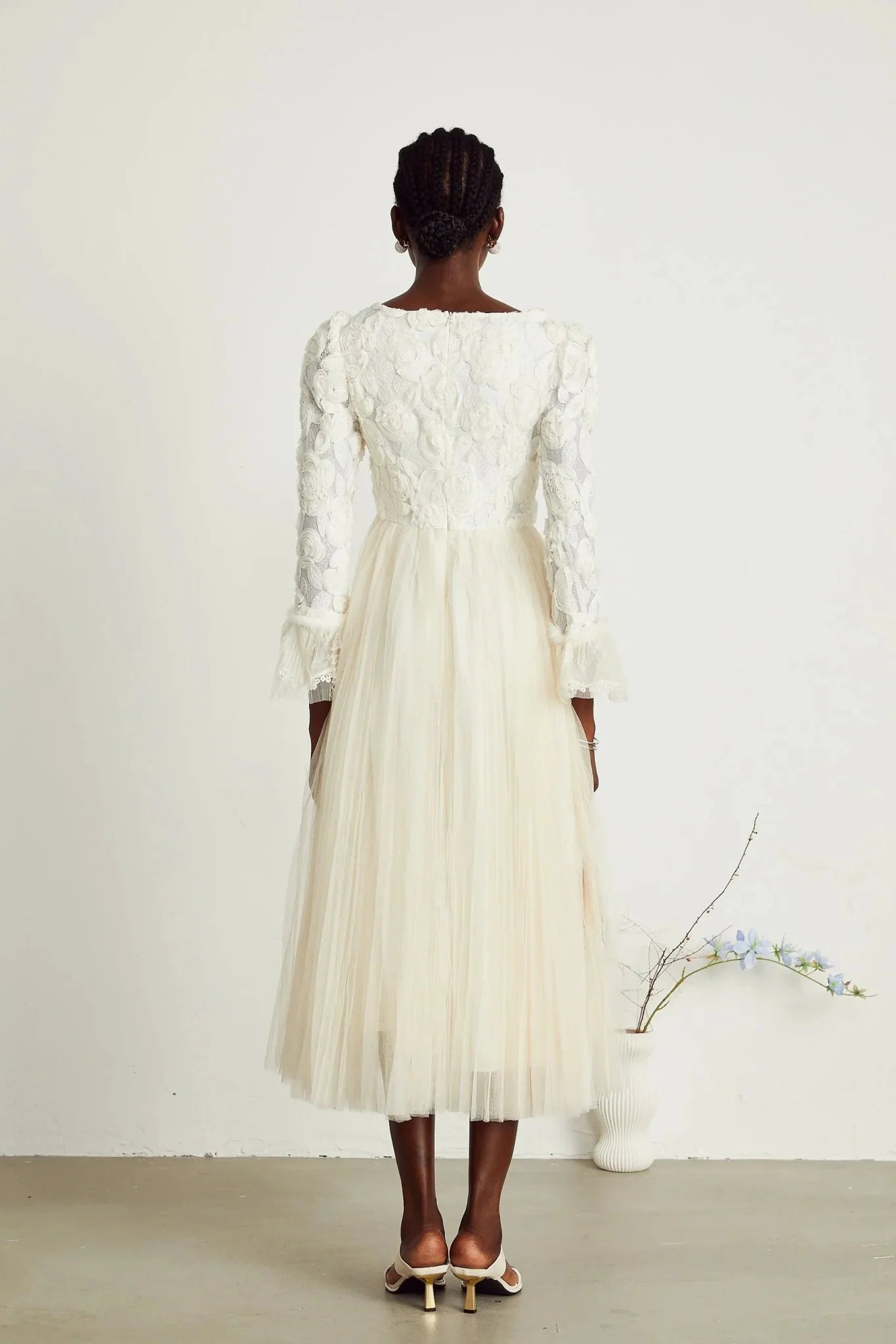 Colomba Midi Dress – Tulle Panels – Floral Appliqué – Fully Pleated