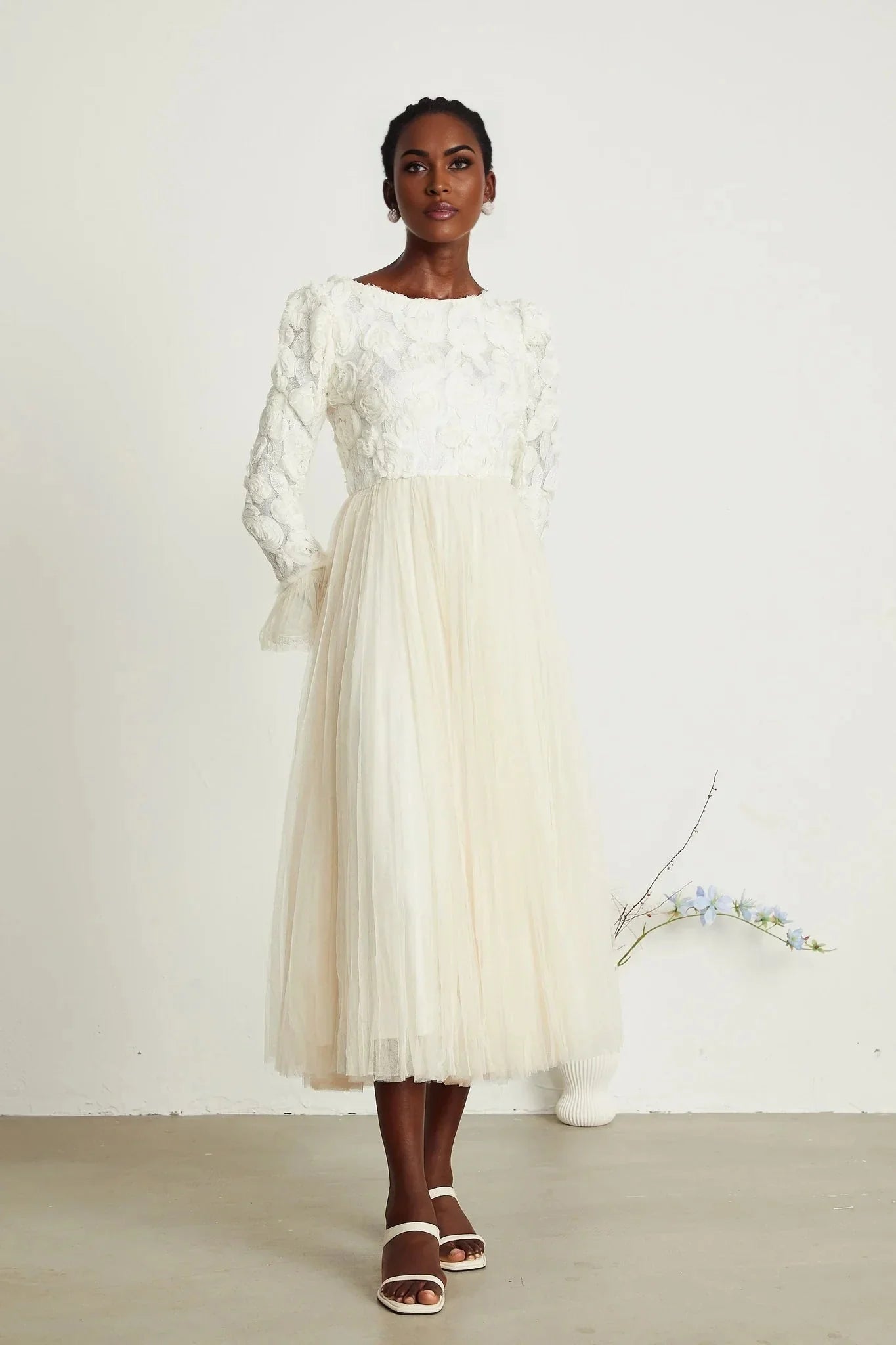 Colomba Midi Dress – Tulle Panels – Floral Appliqué – Fully Pleated