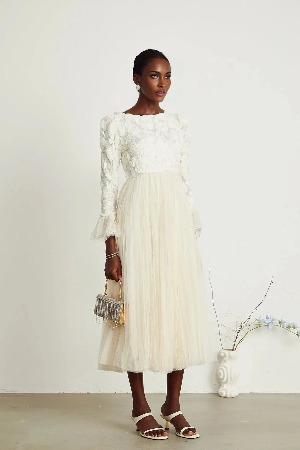 Colomba Midi Dress – Tulle Panels – Floral Appliqué – Fully Pleated