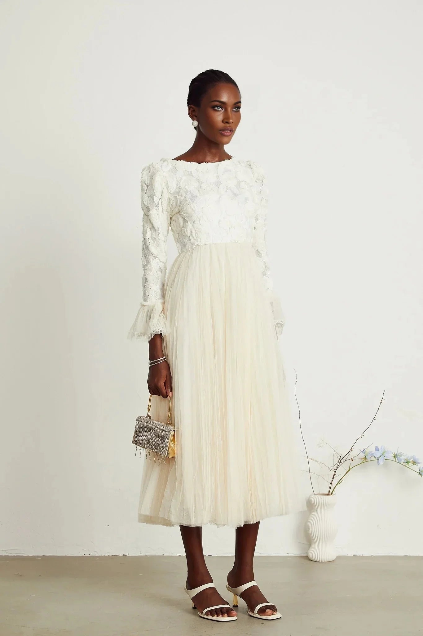 Colomba Midi Dress – Tulle Panels – Floral Appliqué – Fully Pleated