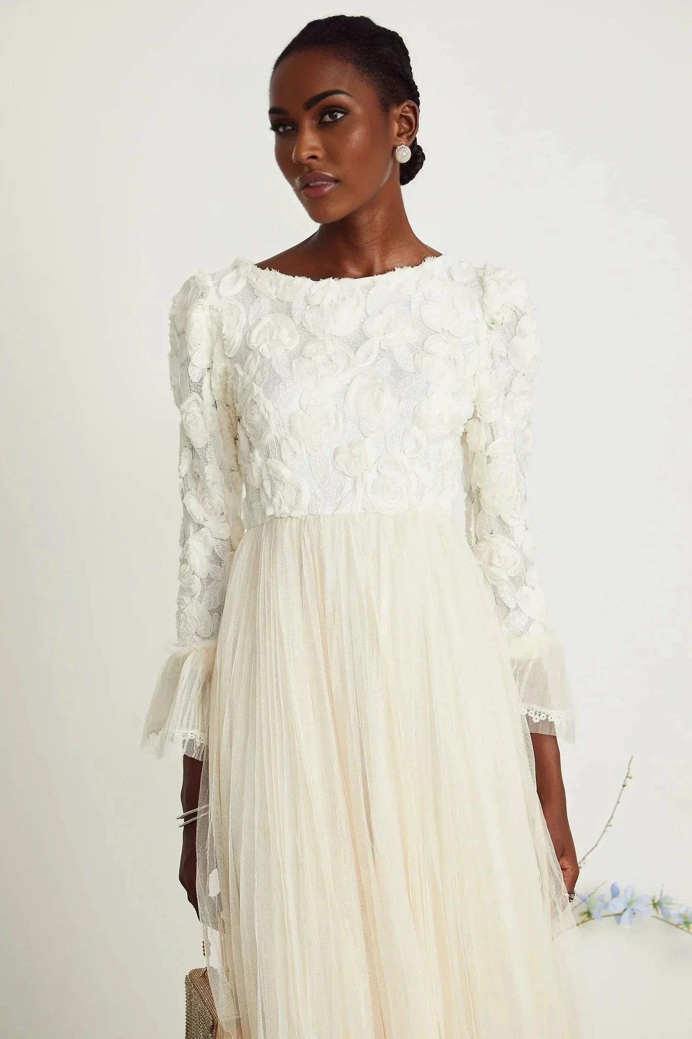 Colomba Midi Dress – Tulle Panels – Floral Appliqué – Fully Pleated