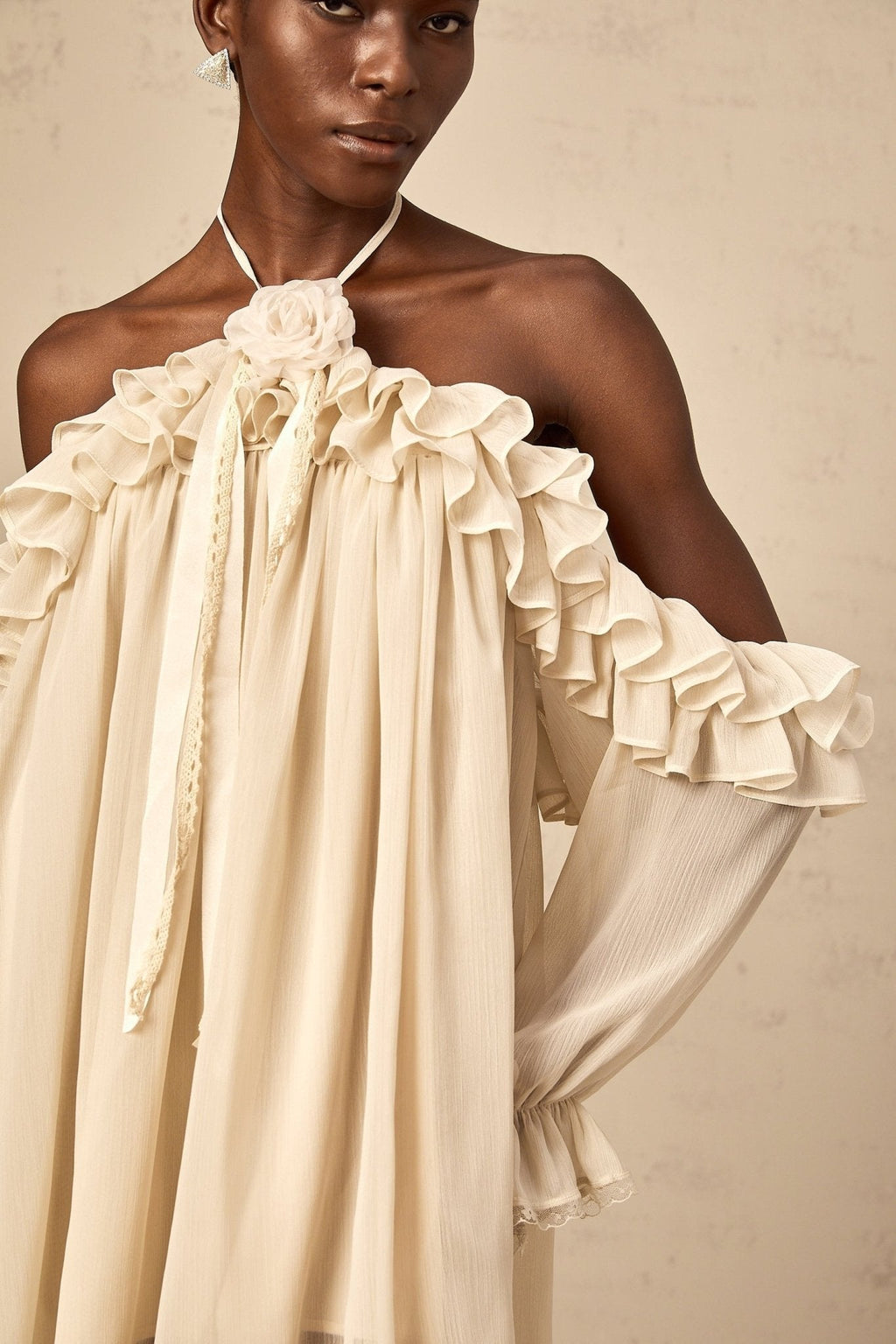 Colomba Mini Dress – Halterneck – Ruffled Detailing – Floral Appliqué