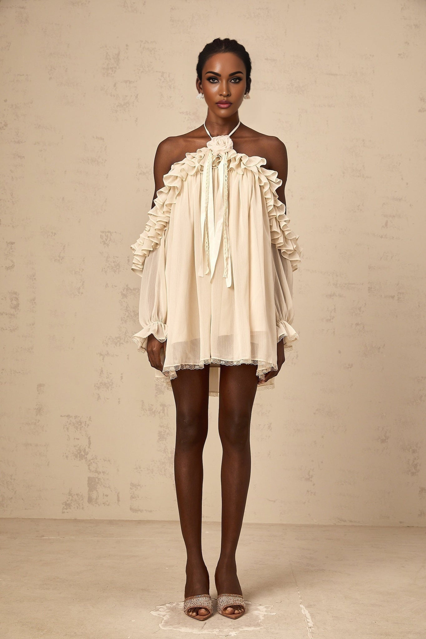 Colomba Mini Dress – Halterneck – Ruffled Detailing – Floral Appliqué