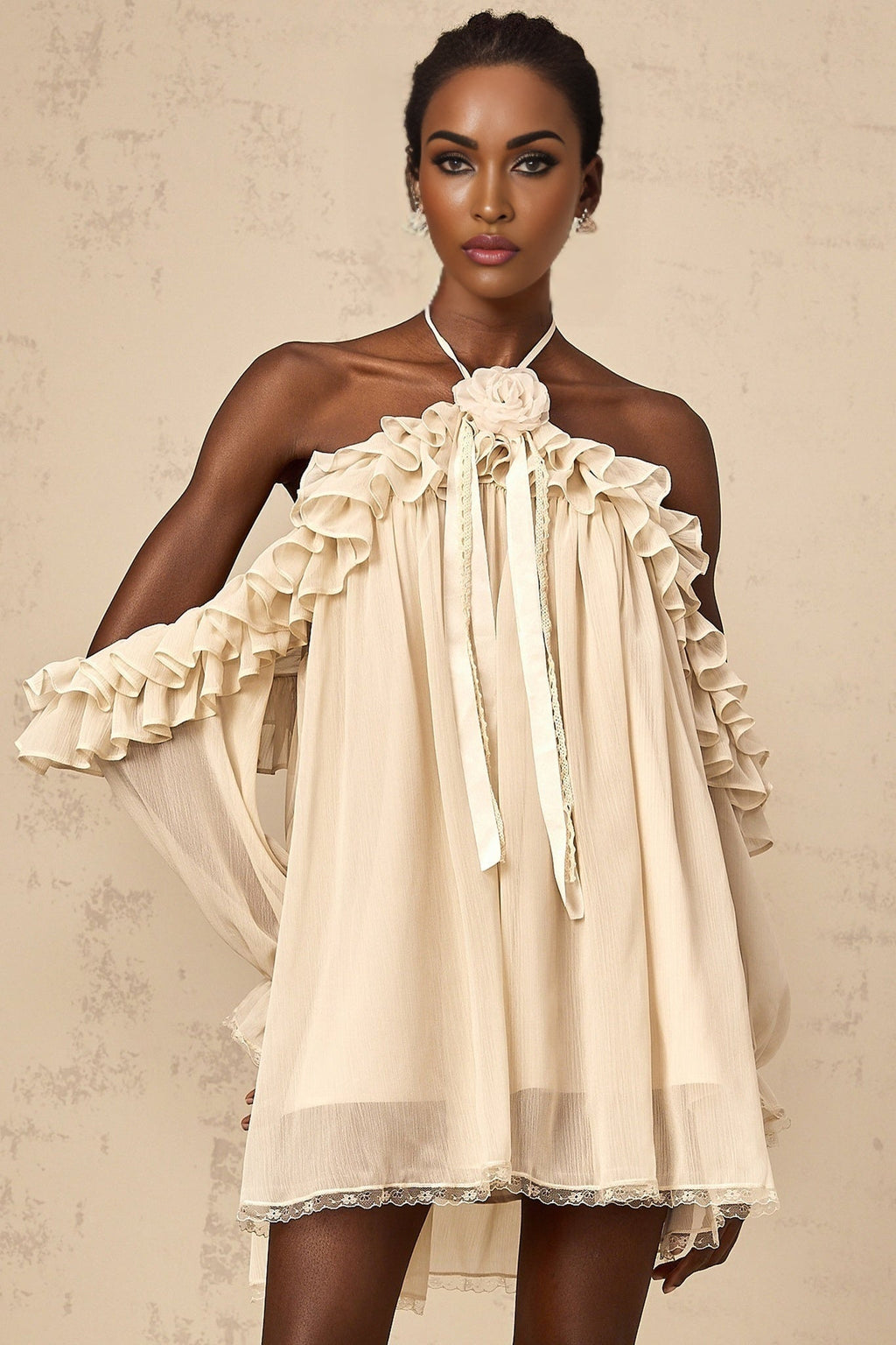 Colomba Mini Dress – Halterneck – Ruffled Detailing – Floral Appliqué