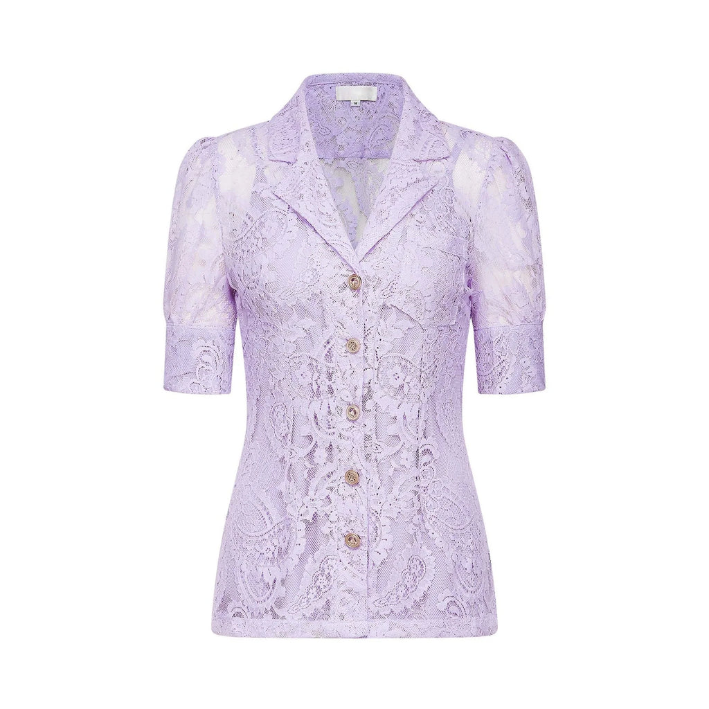 Colomba Skirt & Top Set - Lace Embroidery - Notched Lapels - Faux - Flower Embellishment - Mini Length