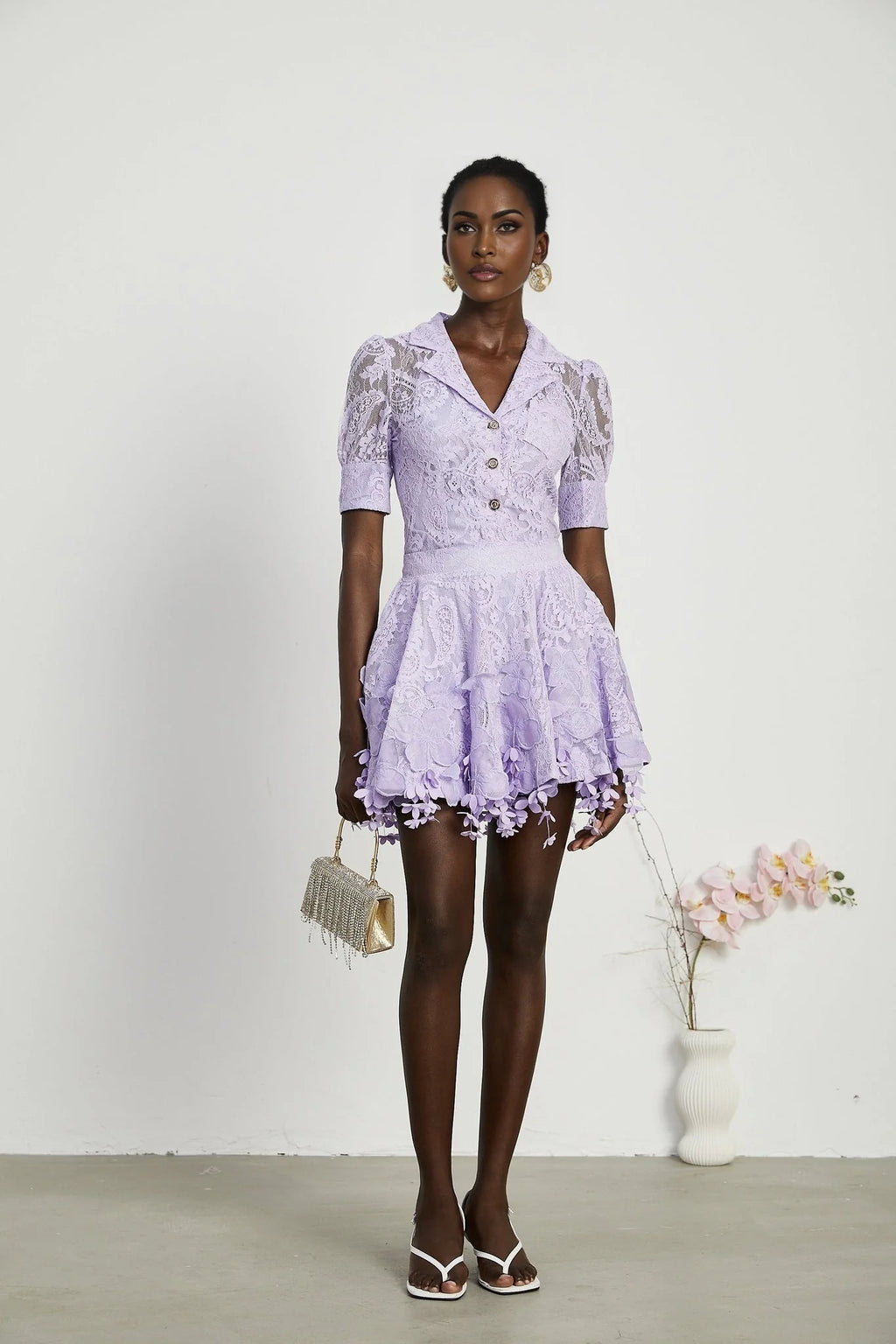Colomba Skirt & Top Set - Lace Embroidery - Notched Lapels - Faux - Flower Embellishment - Mini Length