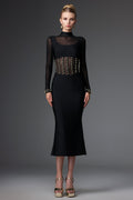Concetta Black Mesh Bandage Dress with Long Sleeves and Waist Detailing