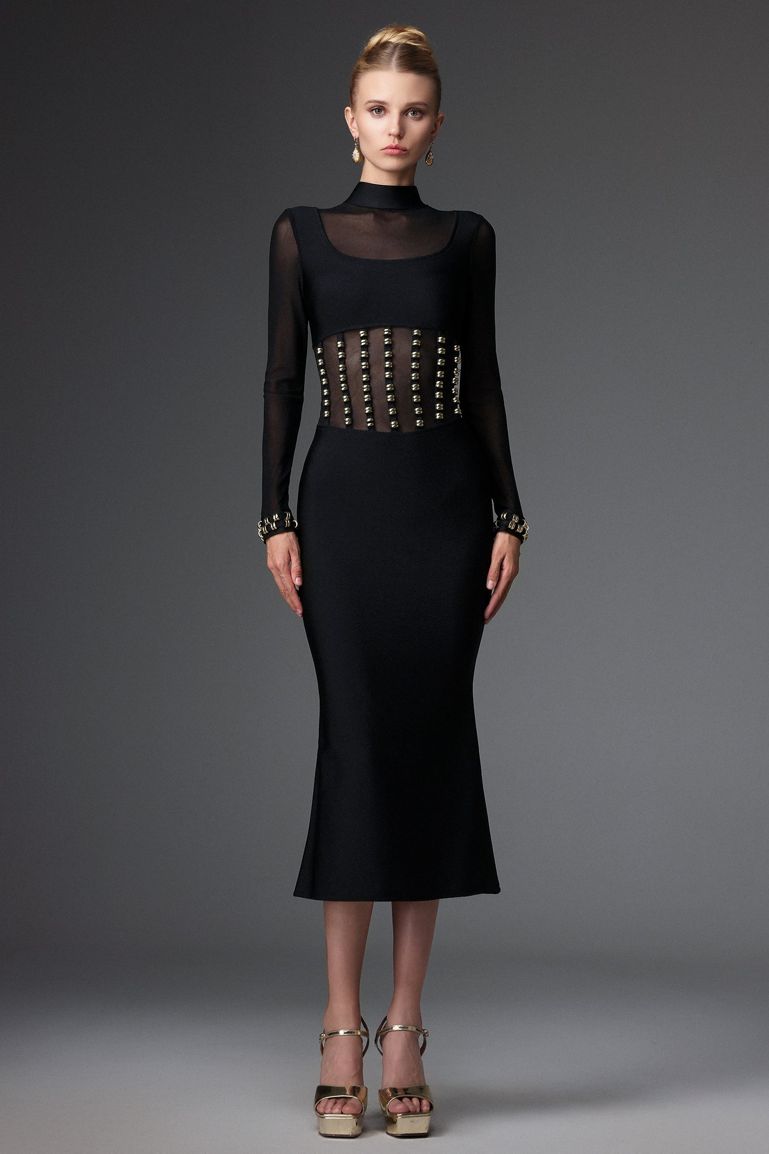 Concetta Black Mesh Bandage Dress with Long Sleeves and Waist Detailing