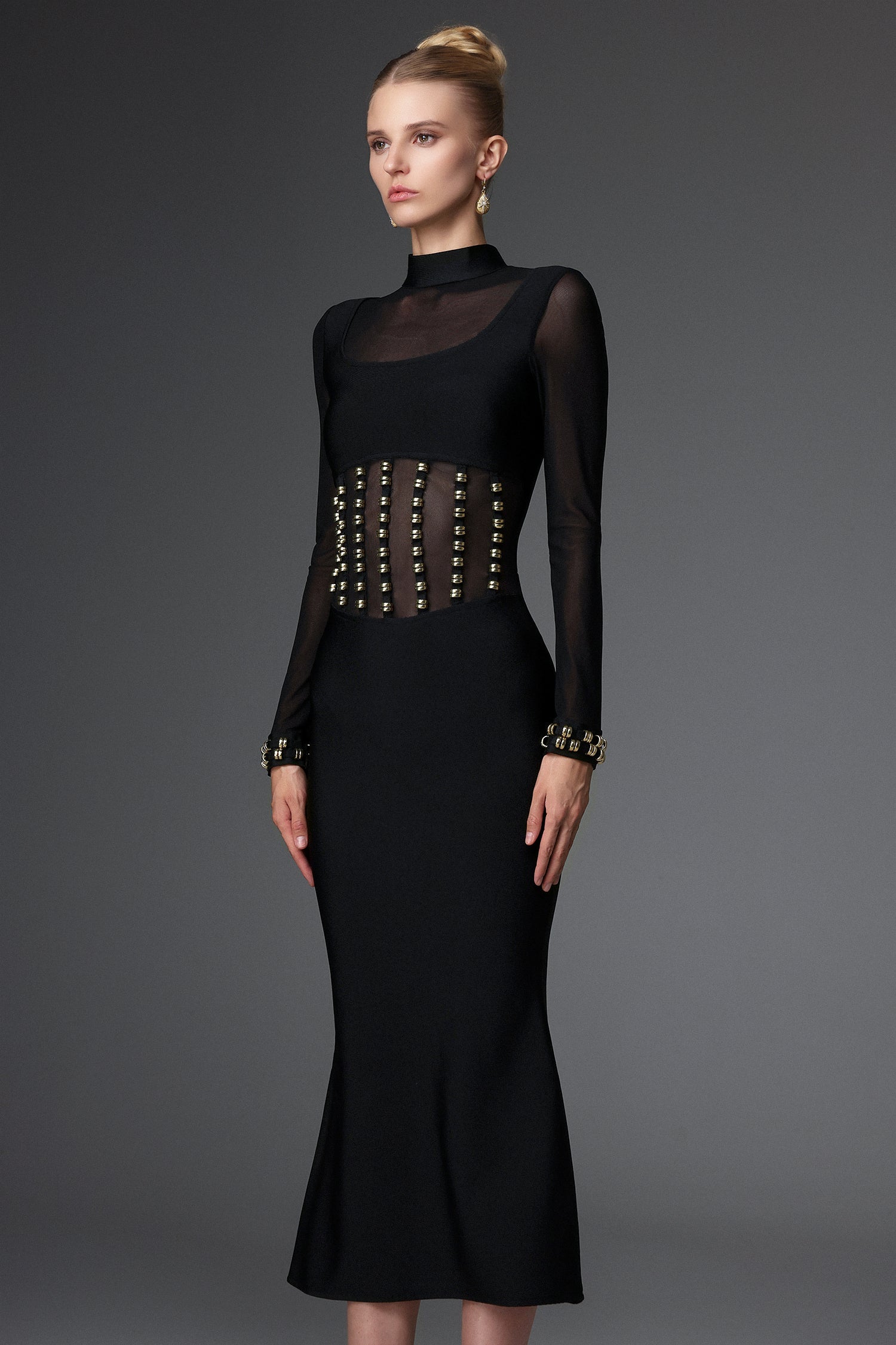 Concetta Black Mesh Bandage Dress with Long Sleeves and Waist Detailing for Night Out or Special Occasion
