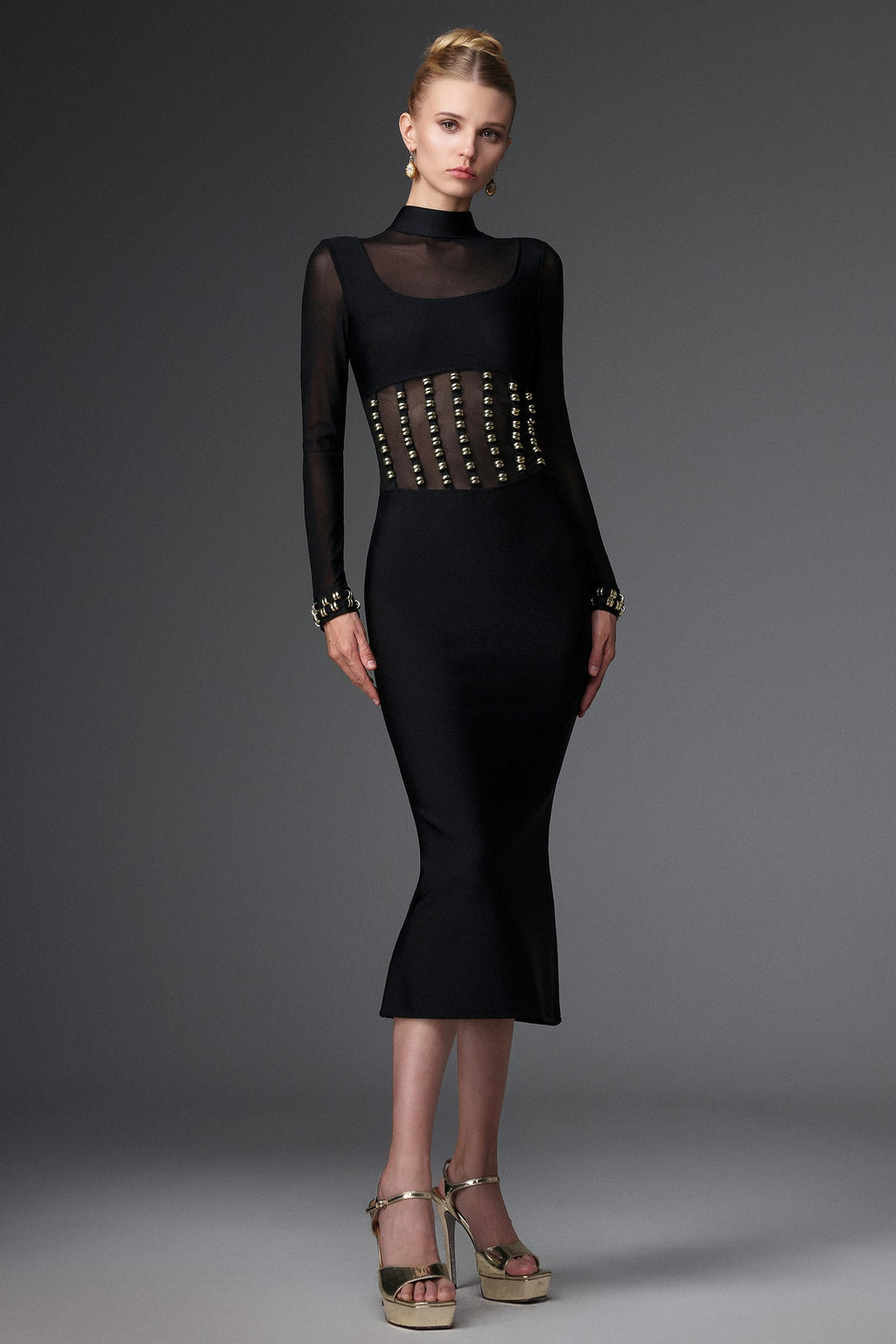 Concetta Black Mesh Bandage Dress with Unique Waist Detailing and High Neckline