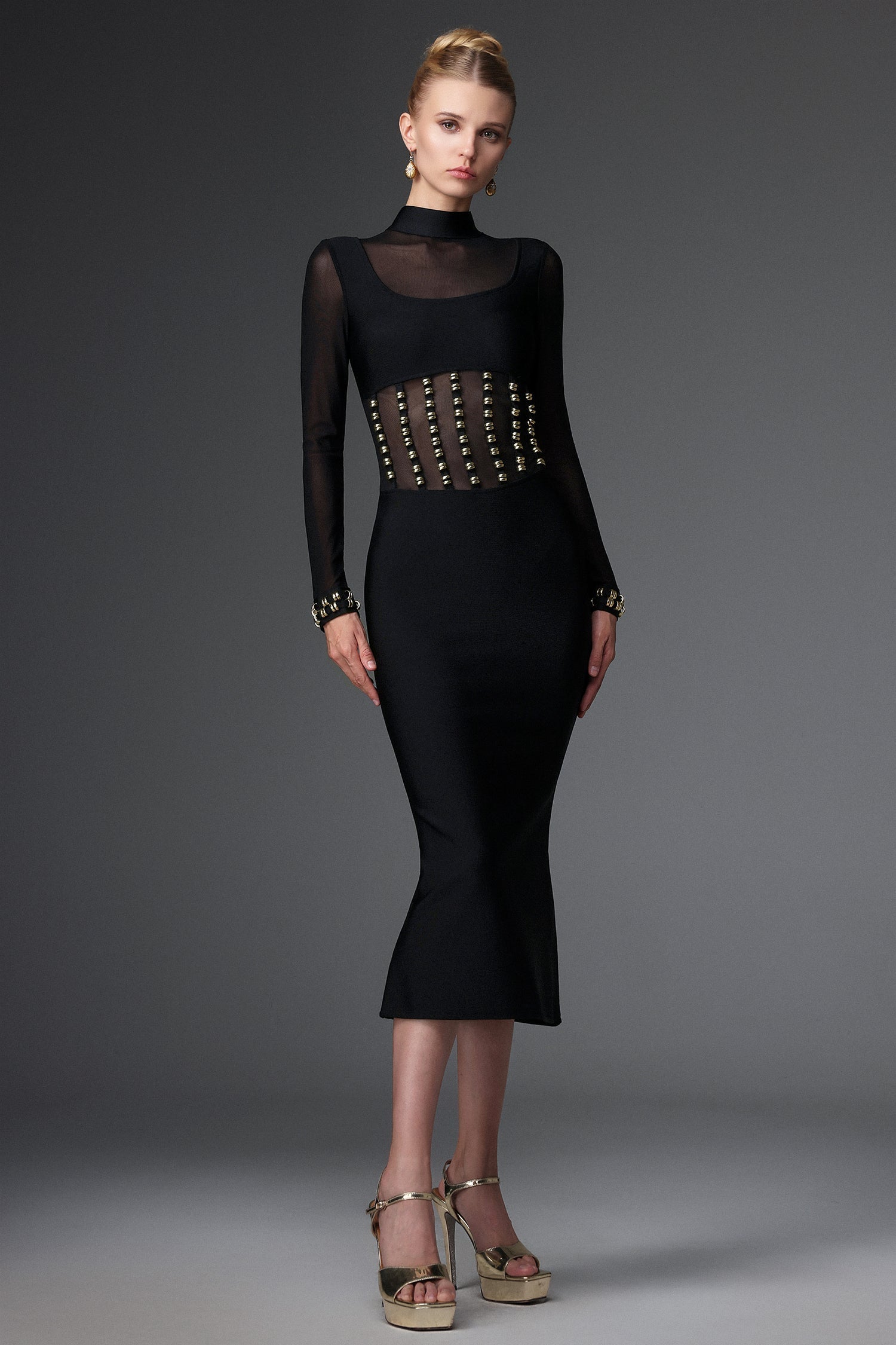 Concetta Black Mesh Bandage Dress with Unique Waist Detailing and High Neckline
