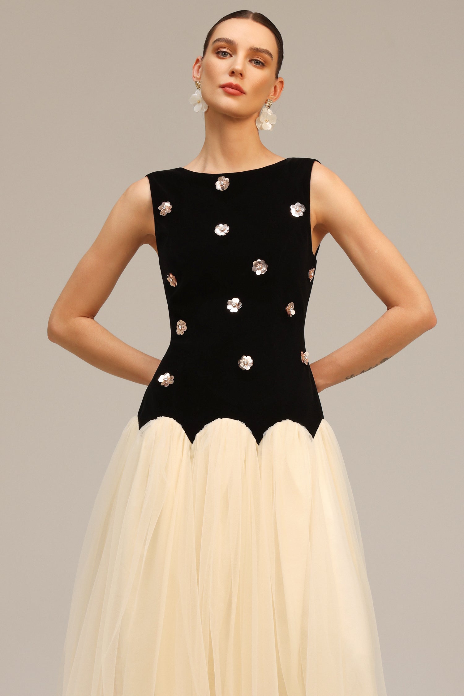 Concetta Black Velvet Sequined Flower Tulle Dress