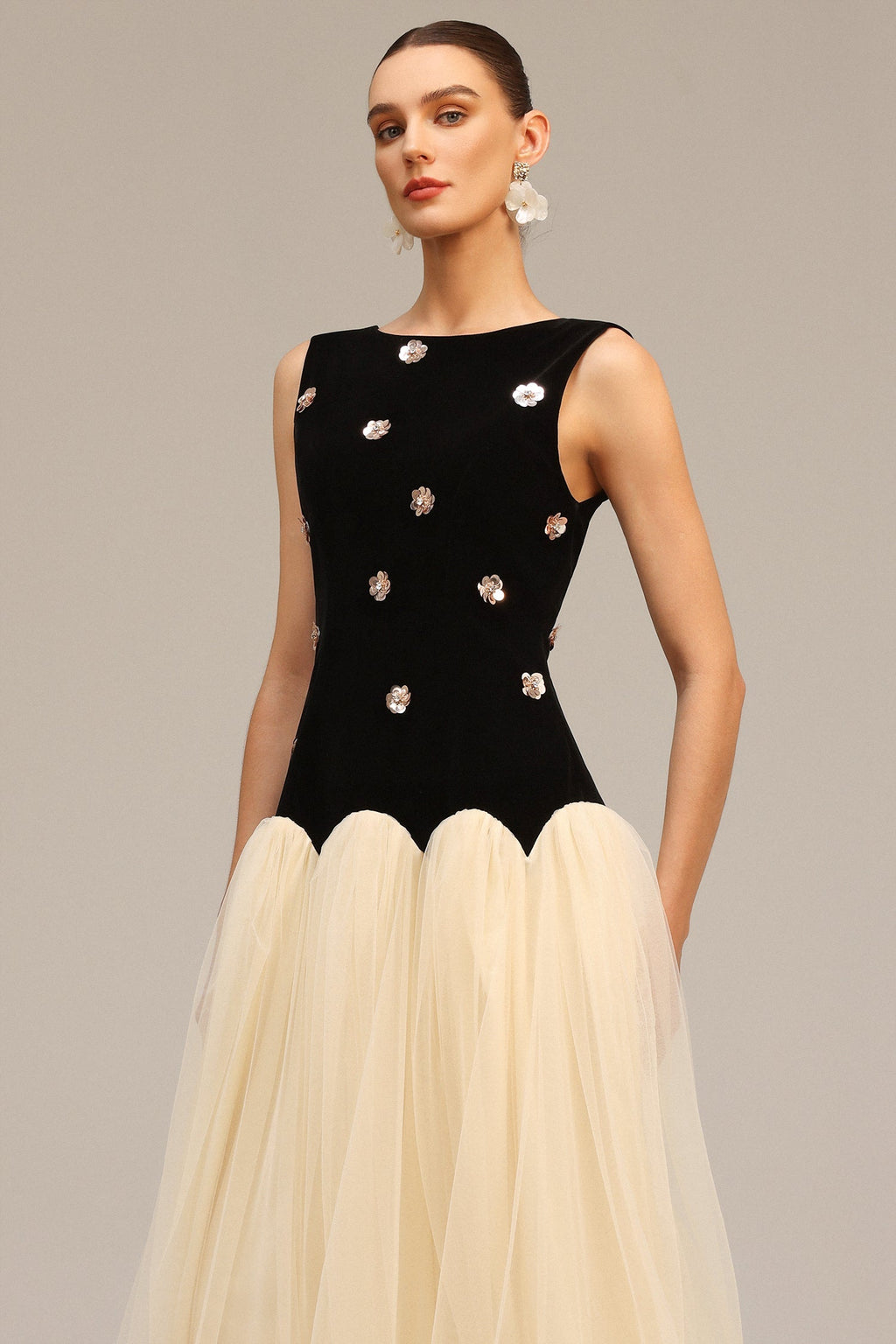 Concetta Black Velvet Sequined Flowers Tulle Dress