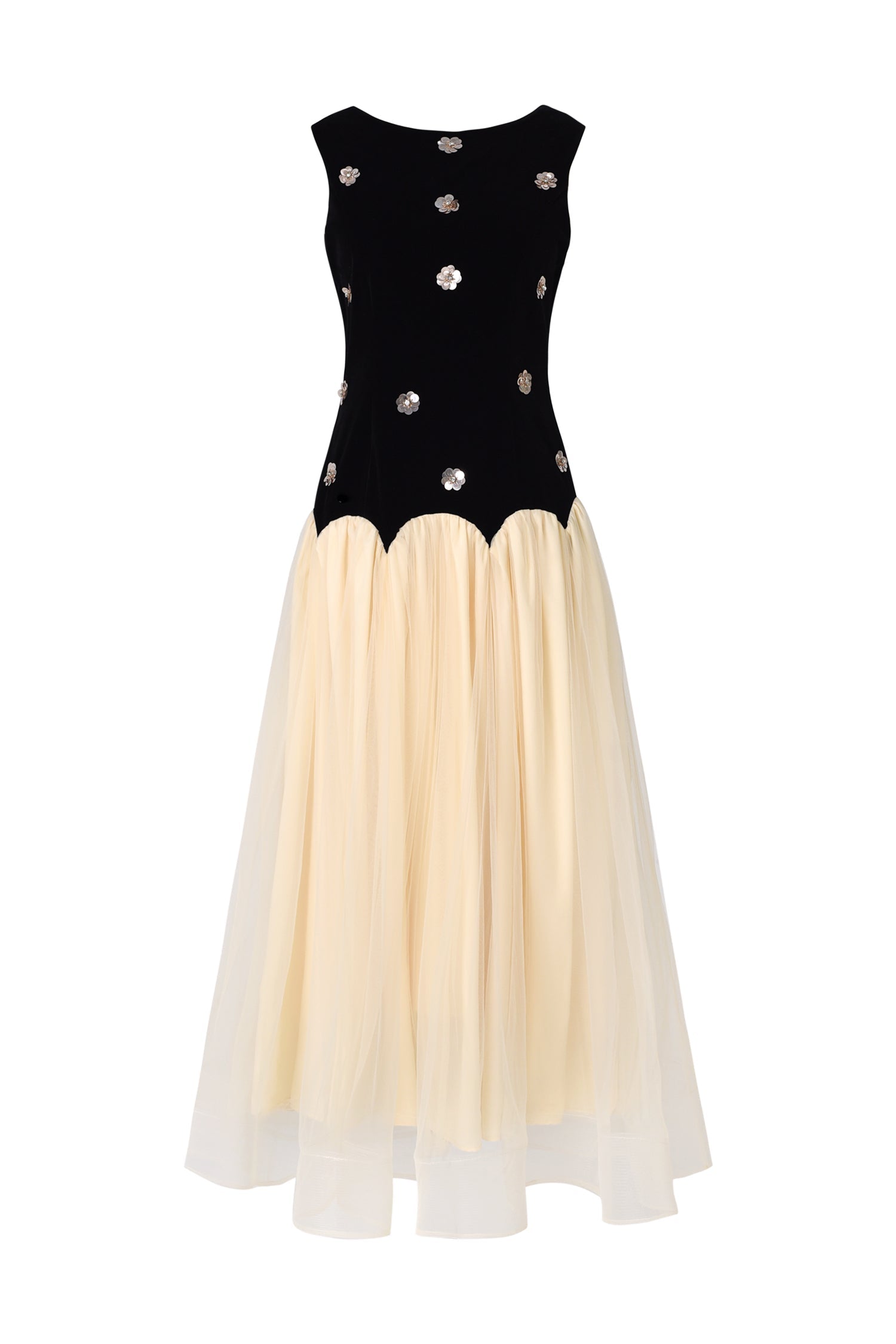 Concetta Black Velvet Sequined Flowers Tulle Dress