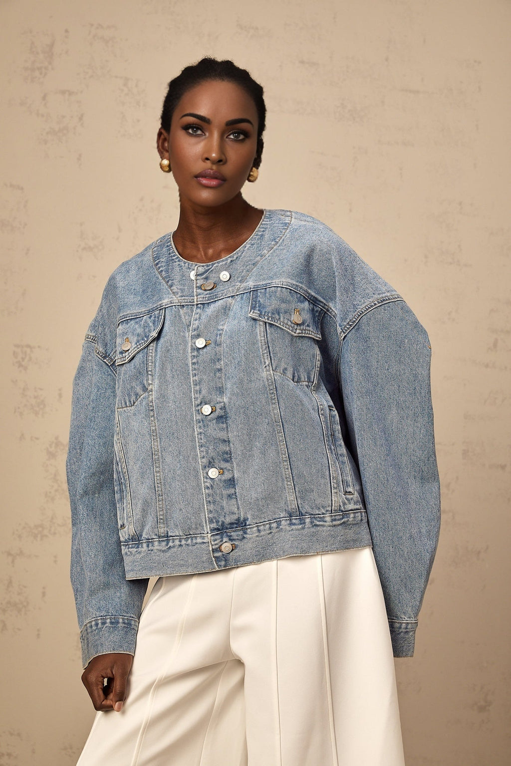 Concetta Denim Jacket - Collarless Design - Buttoned Cuffs - Folded Edge - Chest & Side Pockets