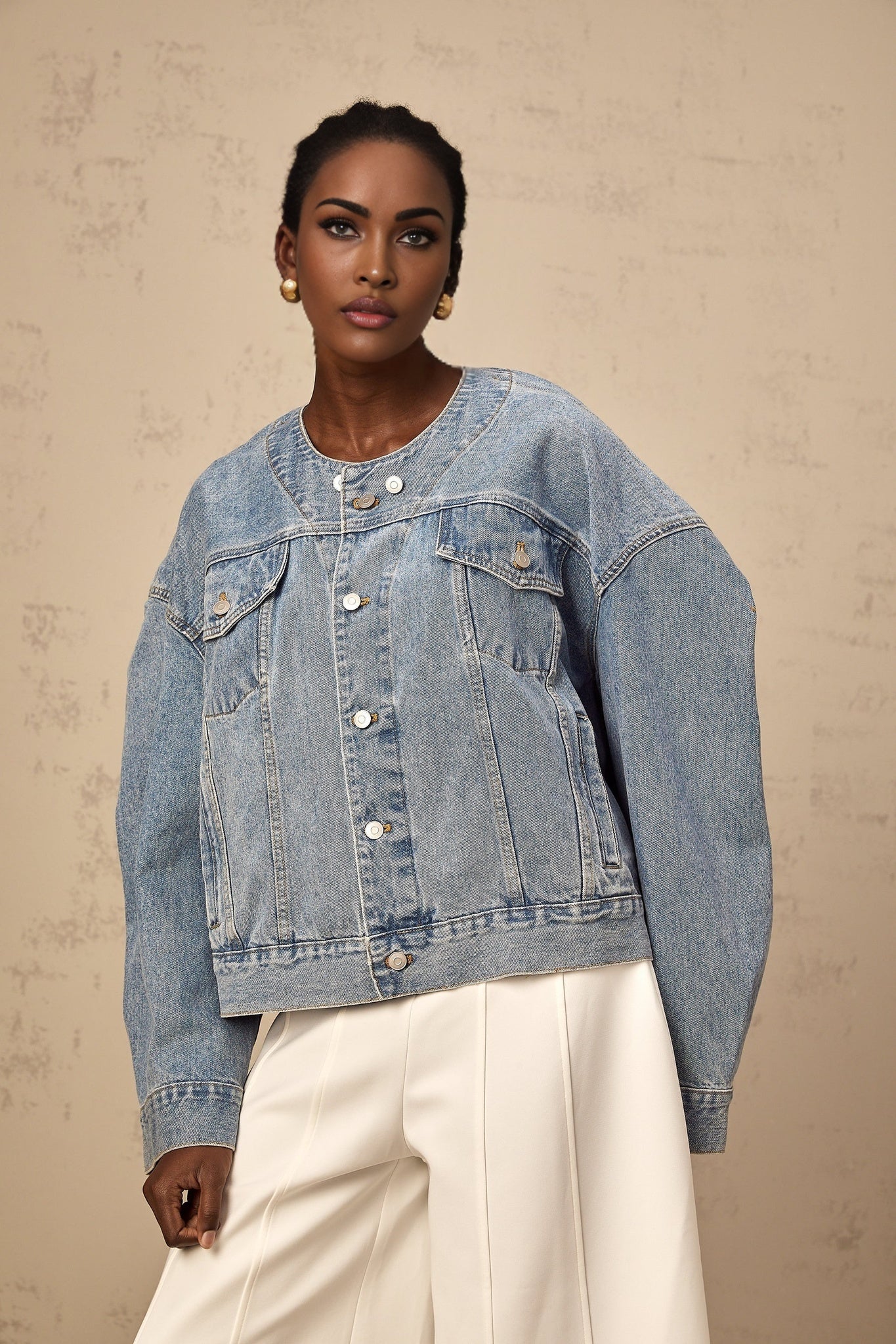 Concetta Denim Jacket - Collarless Design - Buttoned Cuffs - Folded Edge - Chest & Side Pockets