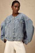 Concetta Denim Jacket - Collarless Design - Buttoned Cuffs - Folded Edge - Chest & Side Pockets