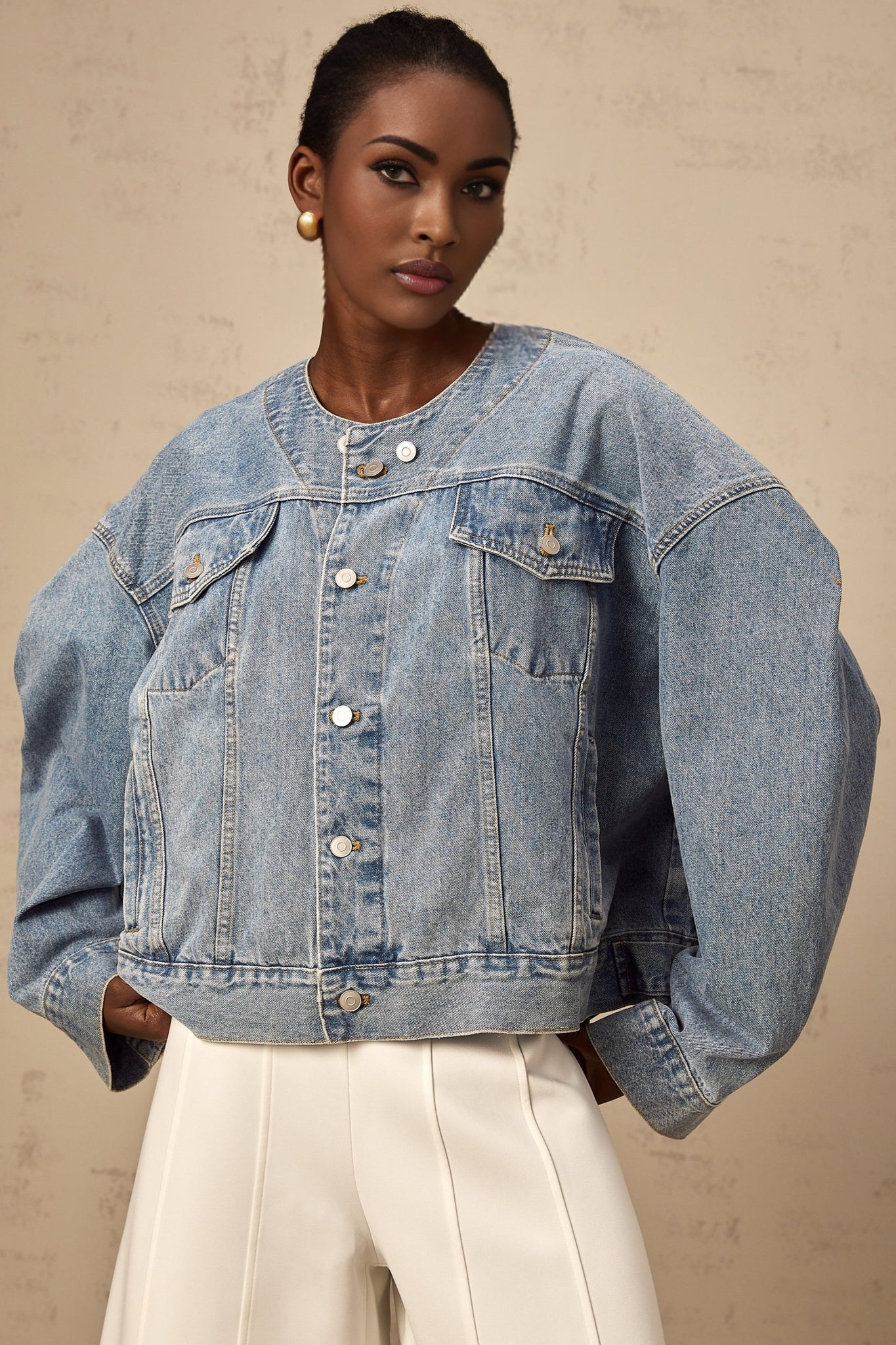 Concetta Denim Jacket - Collarless Design - Buttoned Cuffs - Folded Edge - Chest & Side Pockets