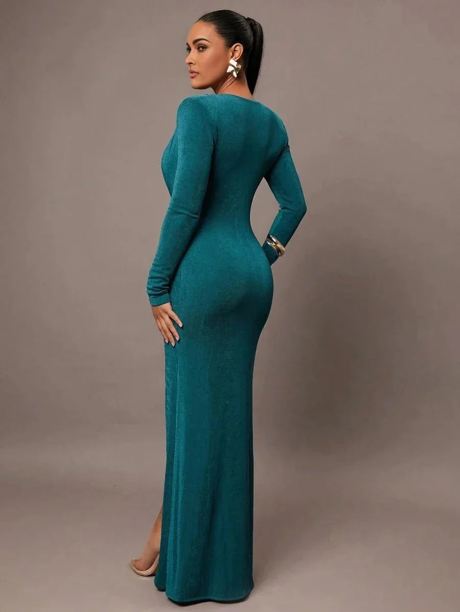 Concetta Maxi Dress - Slim Fit - Ruched, Wrap, Split Thigh - High Waist - Sleeve: Long Sleeve - Deep V Neckline - Hem Shaped: Slit - Modern Look