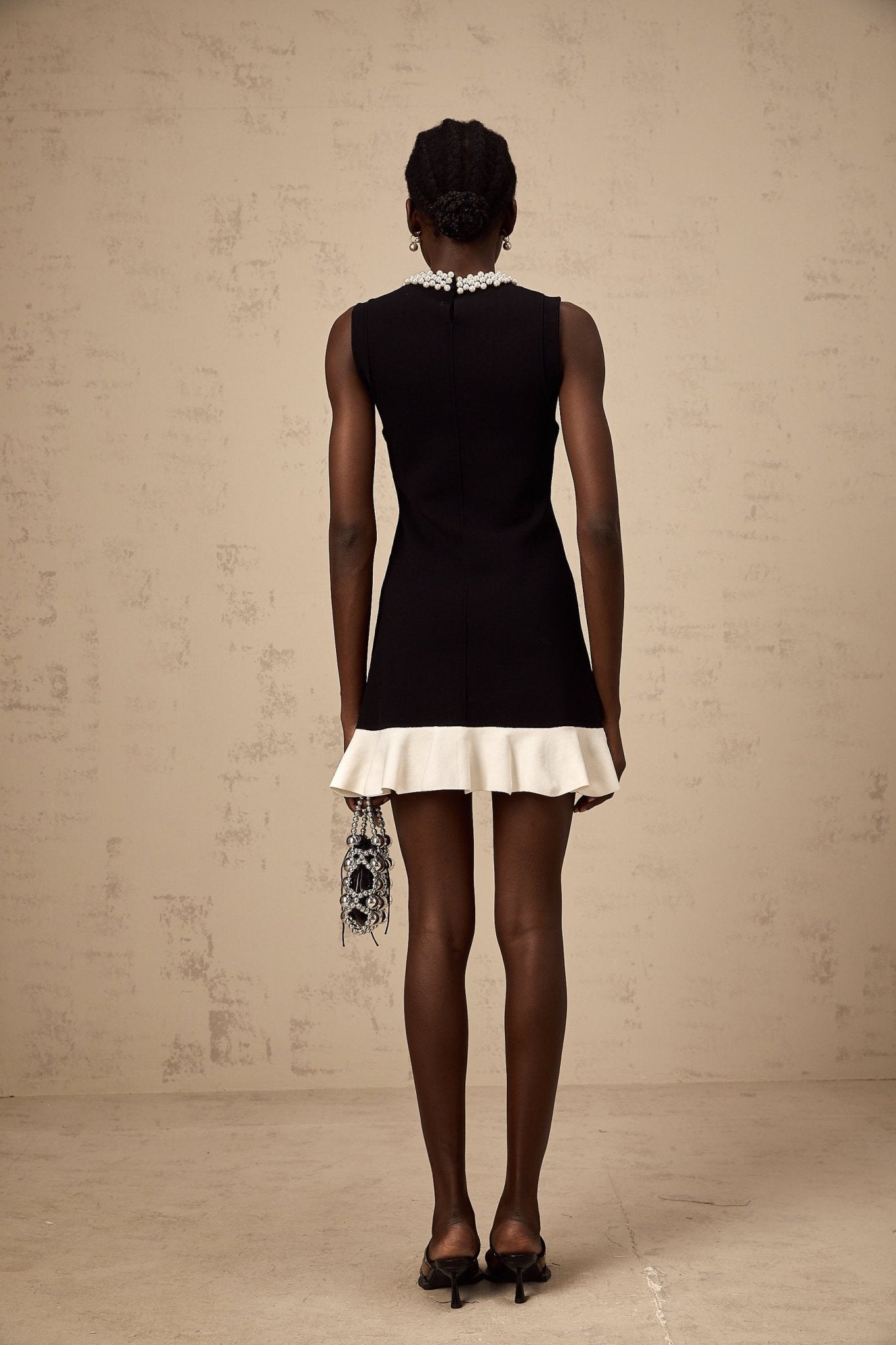 Concetta Mini Dress - Sleeveless Style - Knitted Construction - Ruffled Detailing - Contrast Colors - Faux - Pearl Embellishment