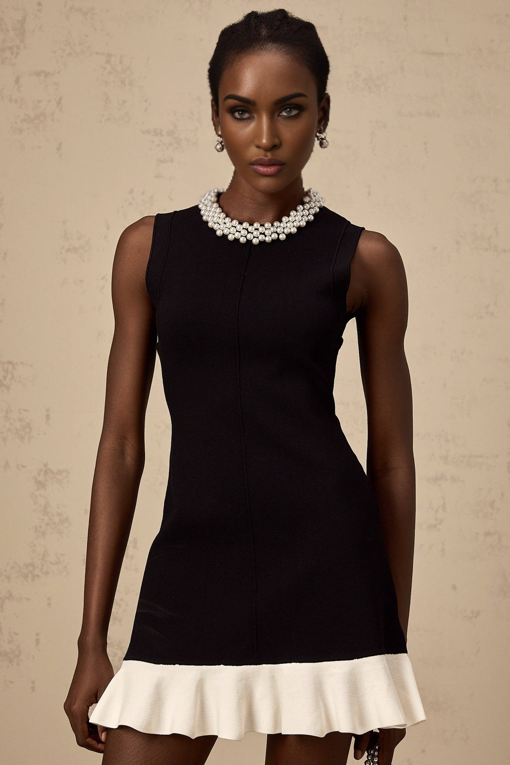 Concetta Mini Dress - Sleeveless Style - Knitted Construction - Ruffled Detailing - Contrast Colors - Faux - Pearl Embellishment