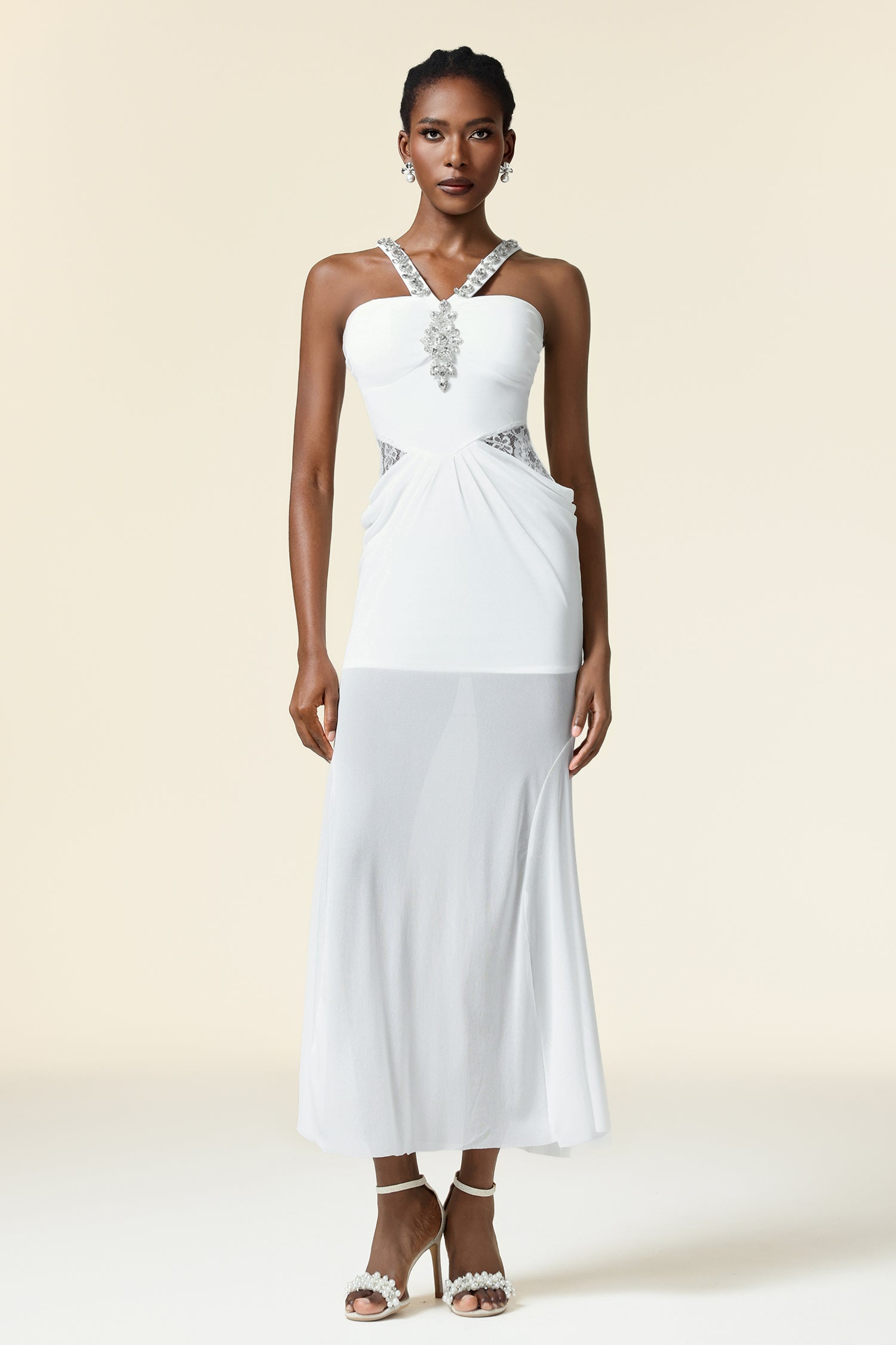Concetta White Maxi Dress Strapless Neckline Elegant Special Occasions Lightweight Fabric Embellishments