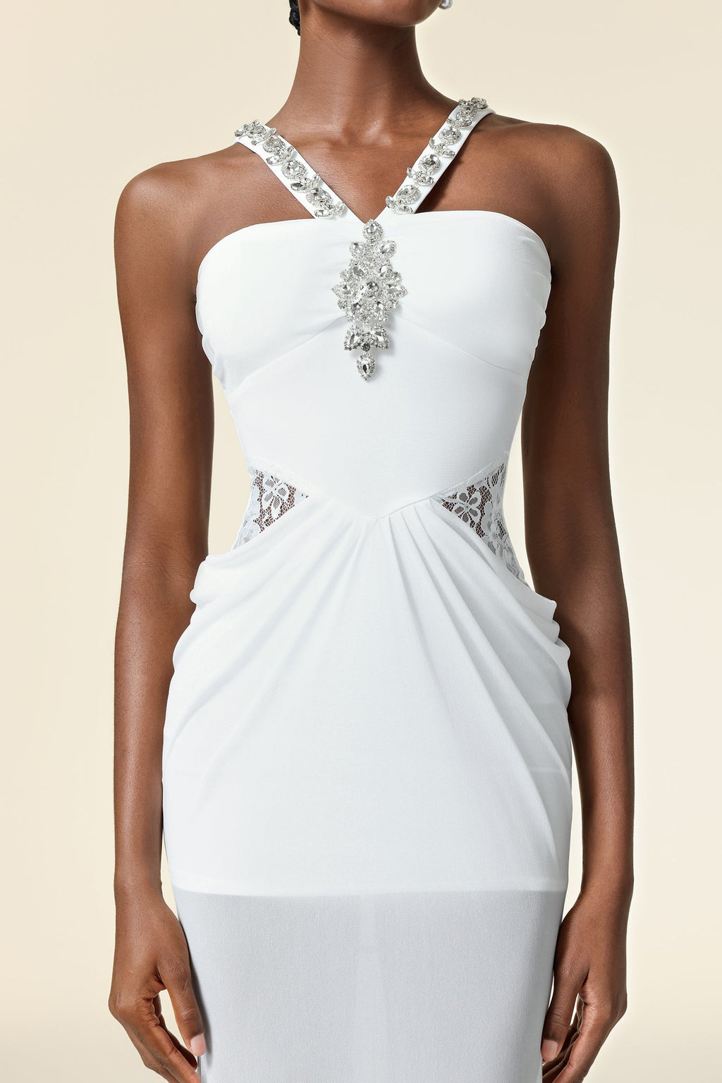 Concetta White Maxi Dress Strapless Neckline Gathering Waist Embellishments