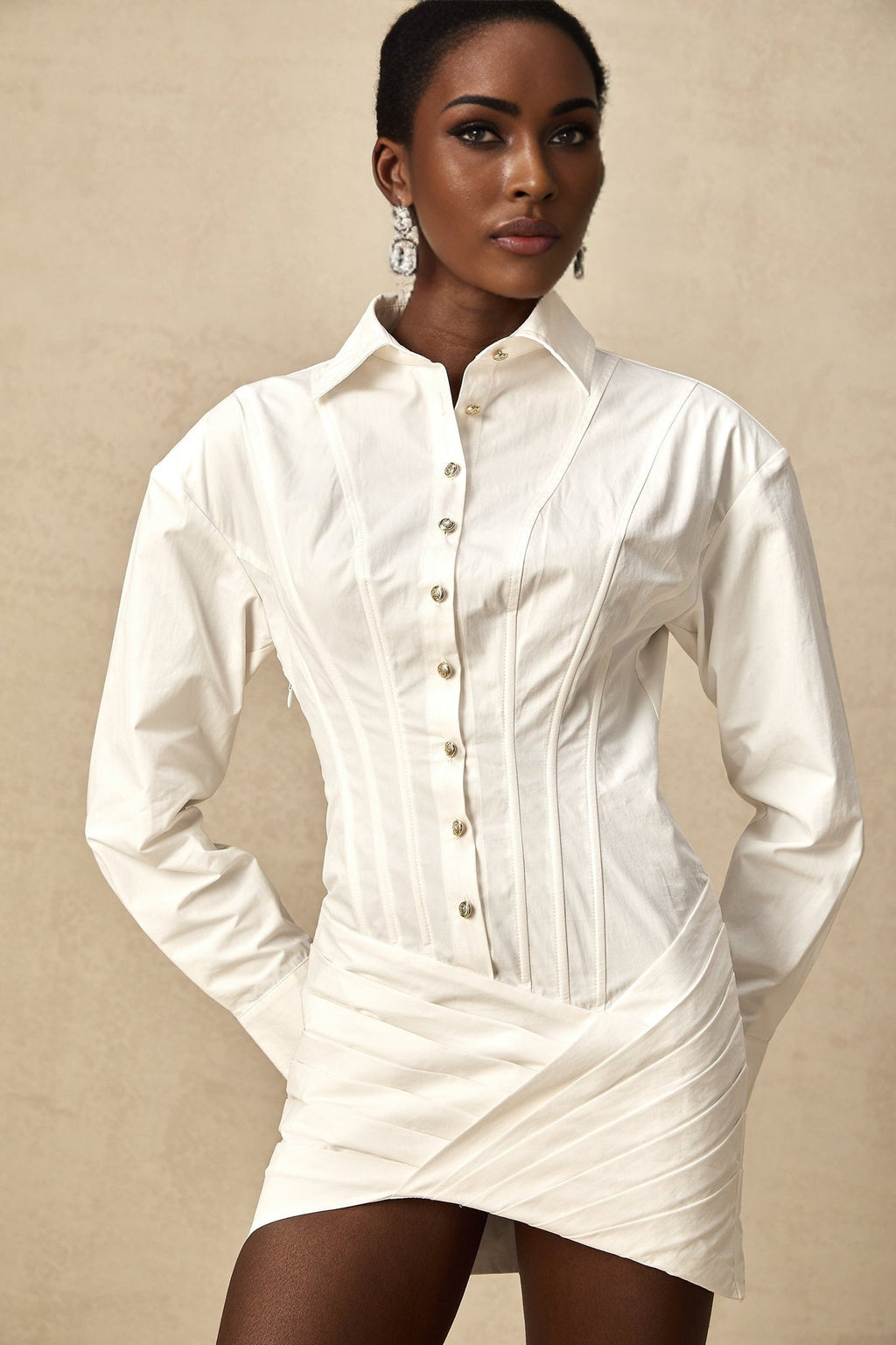 Coraline Mini Dress - Long Sleeve Buttoned Cuffs - Cinched Waist