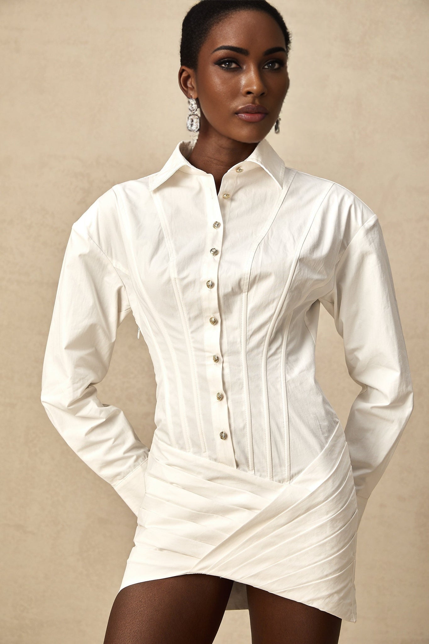 Coraline Mini Dress - Long Sleeve Buttoned Cuffs - Cinched Waist