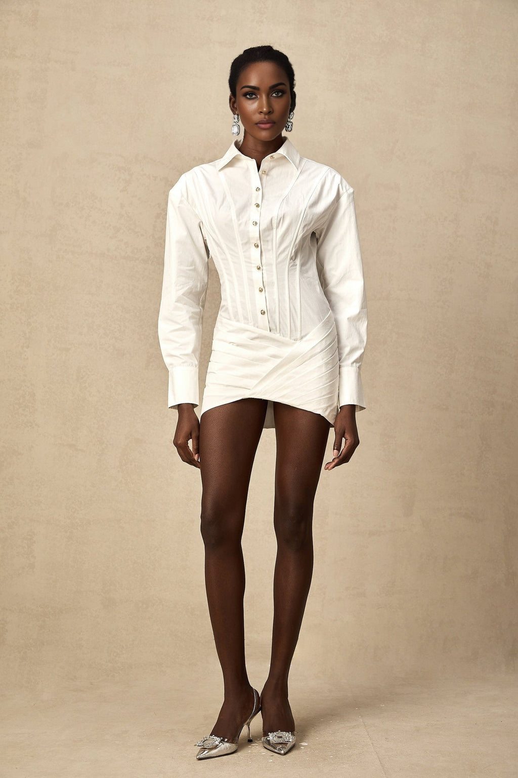 Coraline Mini Dress - Long Sleeve Buttoned Cuffs - Cinched Waist