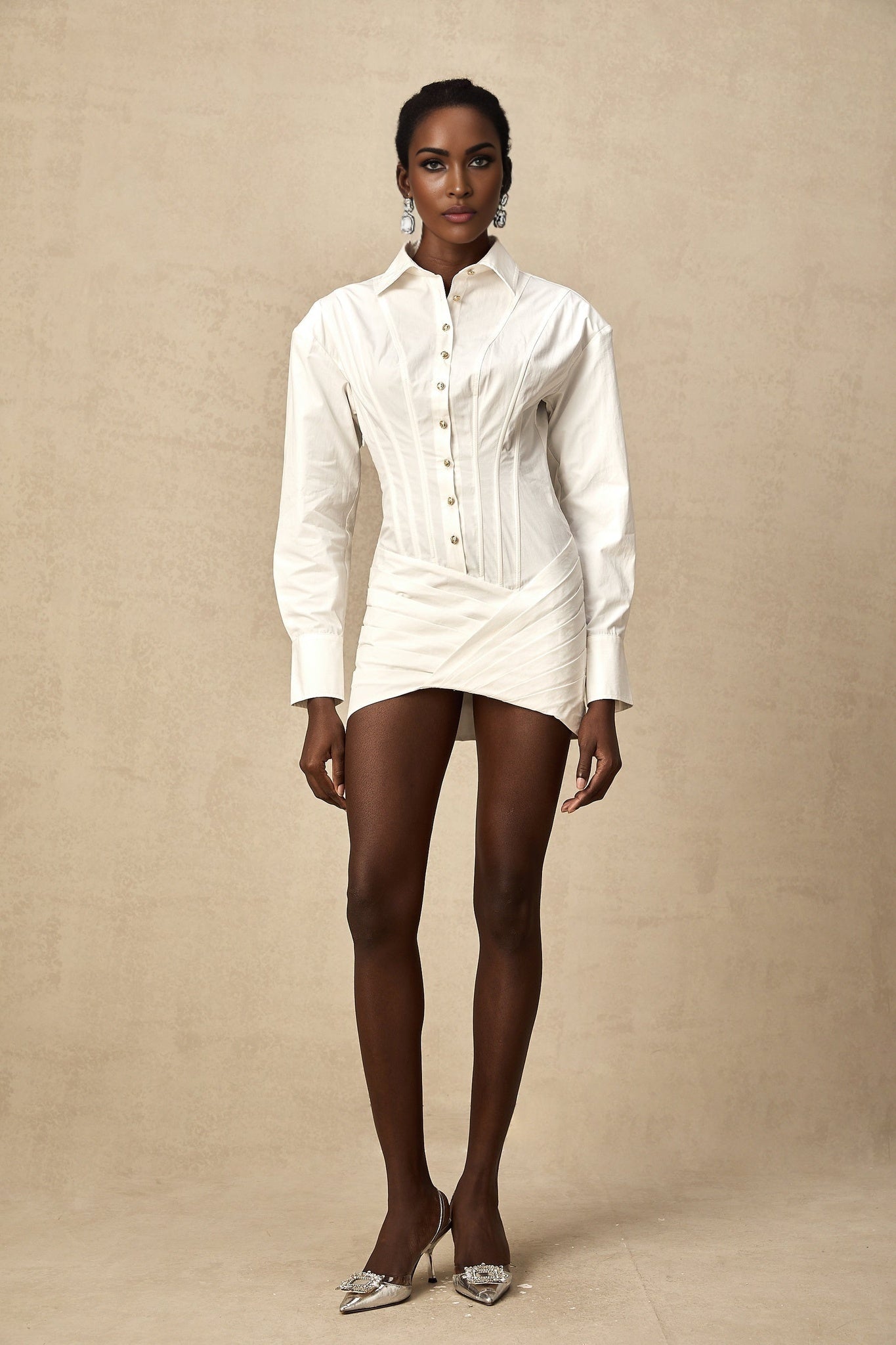 Coraline Mini Dress - Long Sleeve Buttoned Cuffs - Cinched Waist