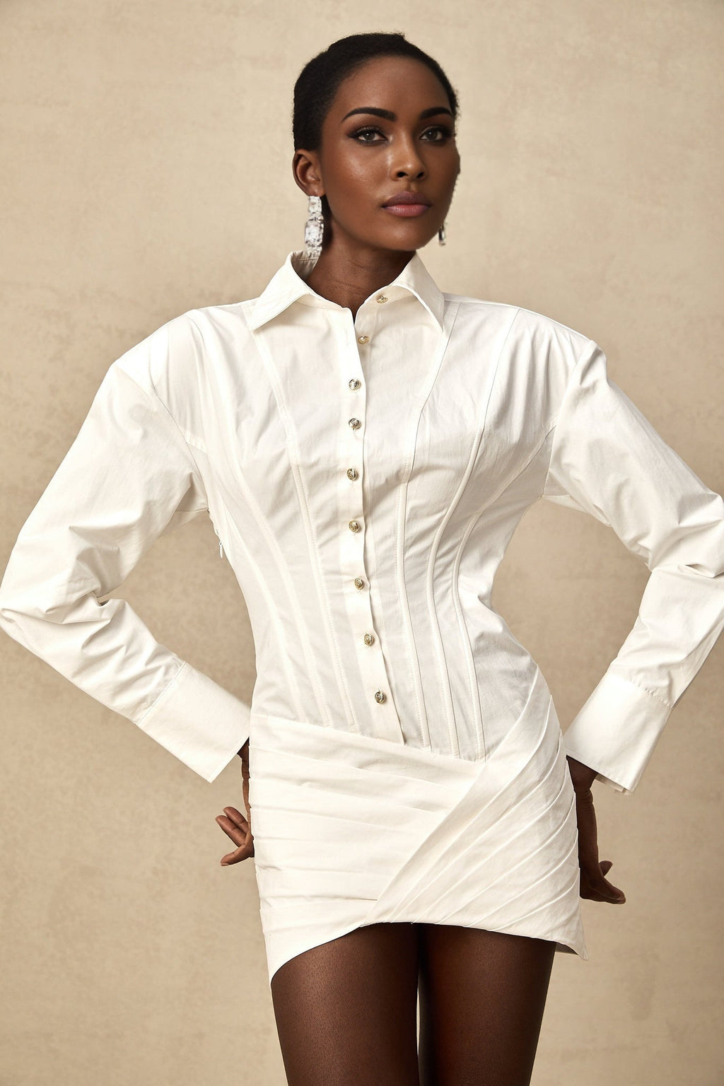 Coraline Mini Dress - Long Sleeve Buttoned Cuffs - Cinched Waist