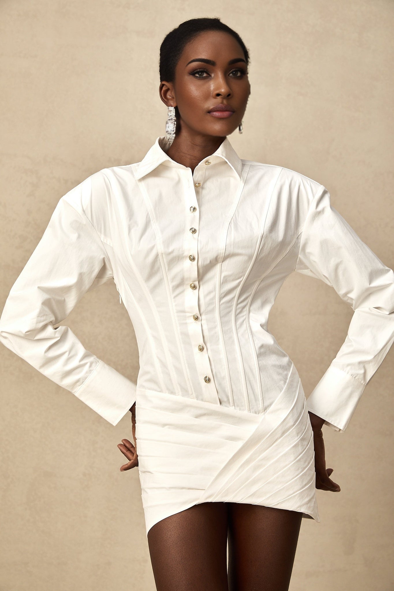Coraline Mini Dress - Long Sleeve Buttoned Cuffs - Cinched Waist