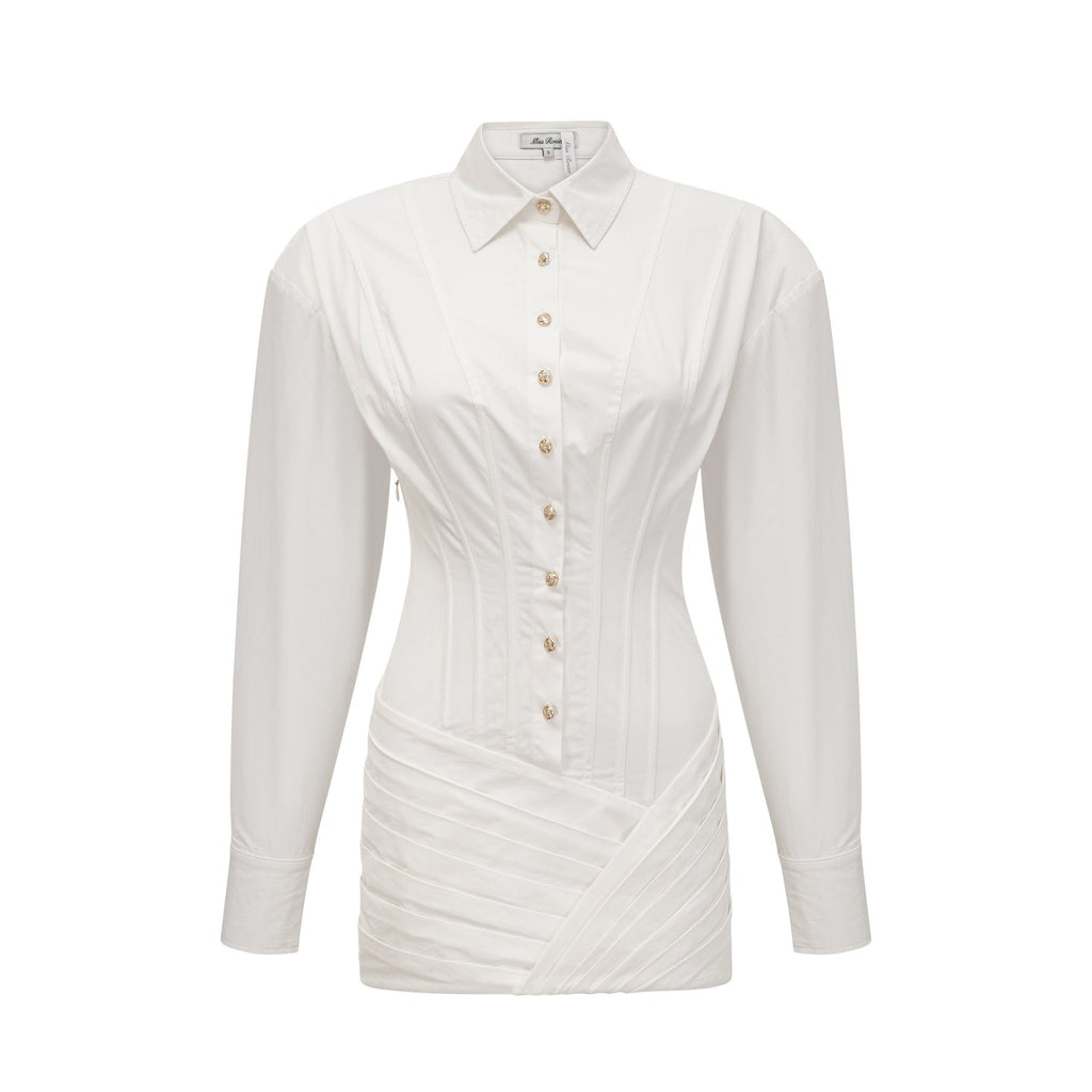 Coraline Mini Dress - Long Sleeve Buttoned Cuffs - Cinched Waist