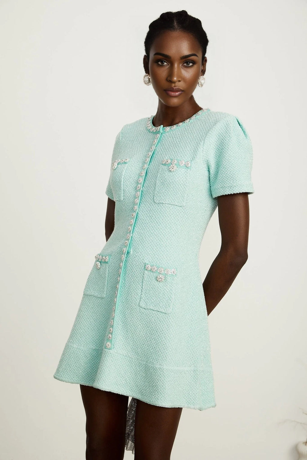 Coraline Mini Dress - Round Neck Design - Short Sleeves - Sequin & Crystal Embellishments - Front Patch Pockets